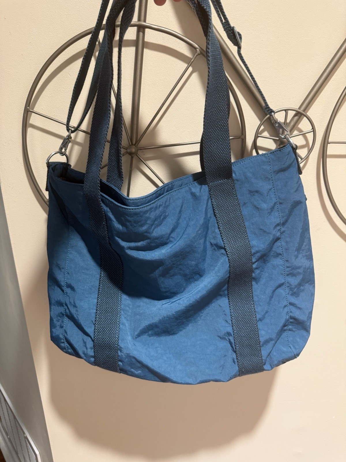 Kipling Asseni Blue Crinkle Nylon Tote Bag Crossbody Purse Rubber Monkey Fob