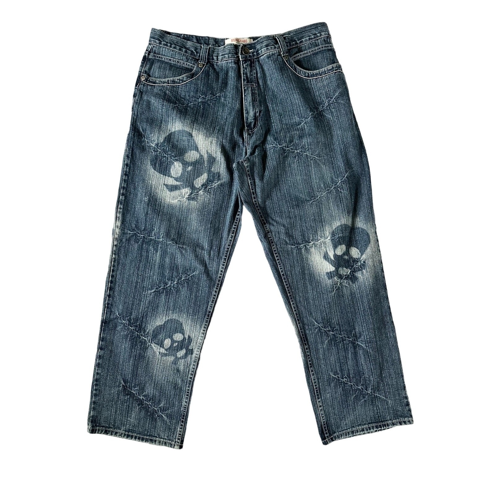 Muka Jeans Baggy Y2K Airbrushed Skull Stitches All Over Design Grunge Jeans 42