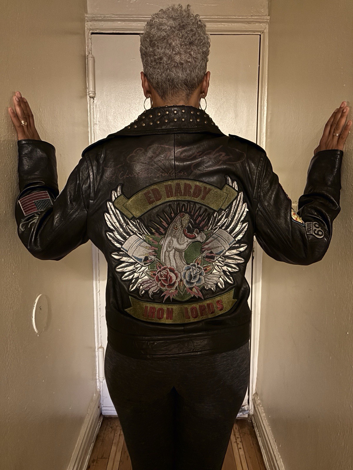 Ed Hardy Women’s Black Moto Biker Jacket XXL – Embroidered Iron Lords – Studded