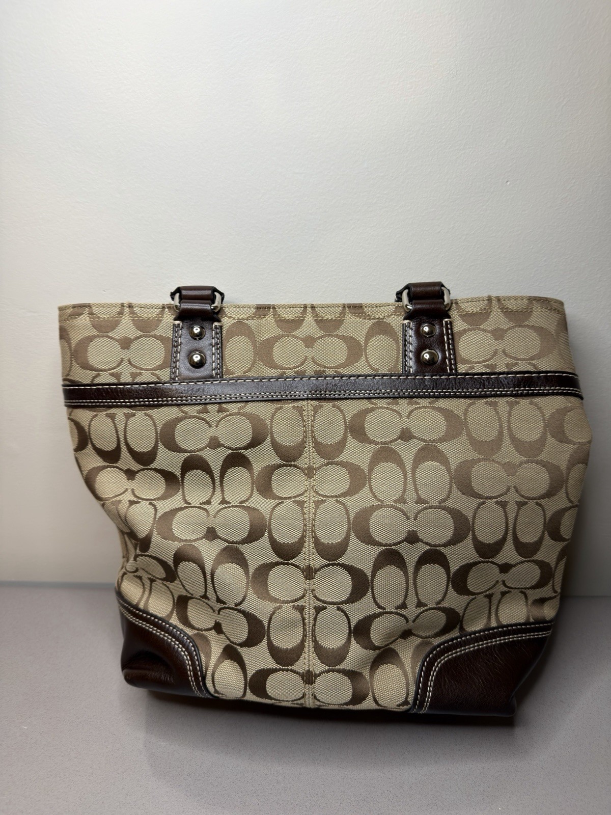 Coach Signature Monogram Brown/Beige Medium Tote Zip Top, Inner Pockets