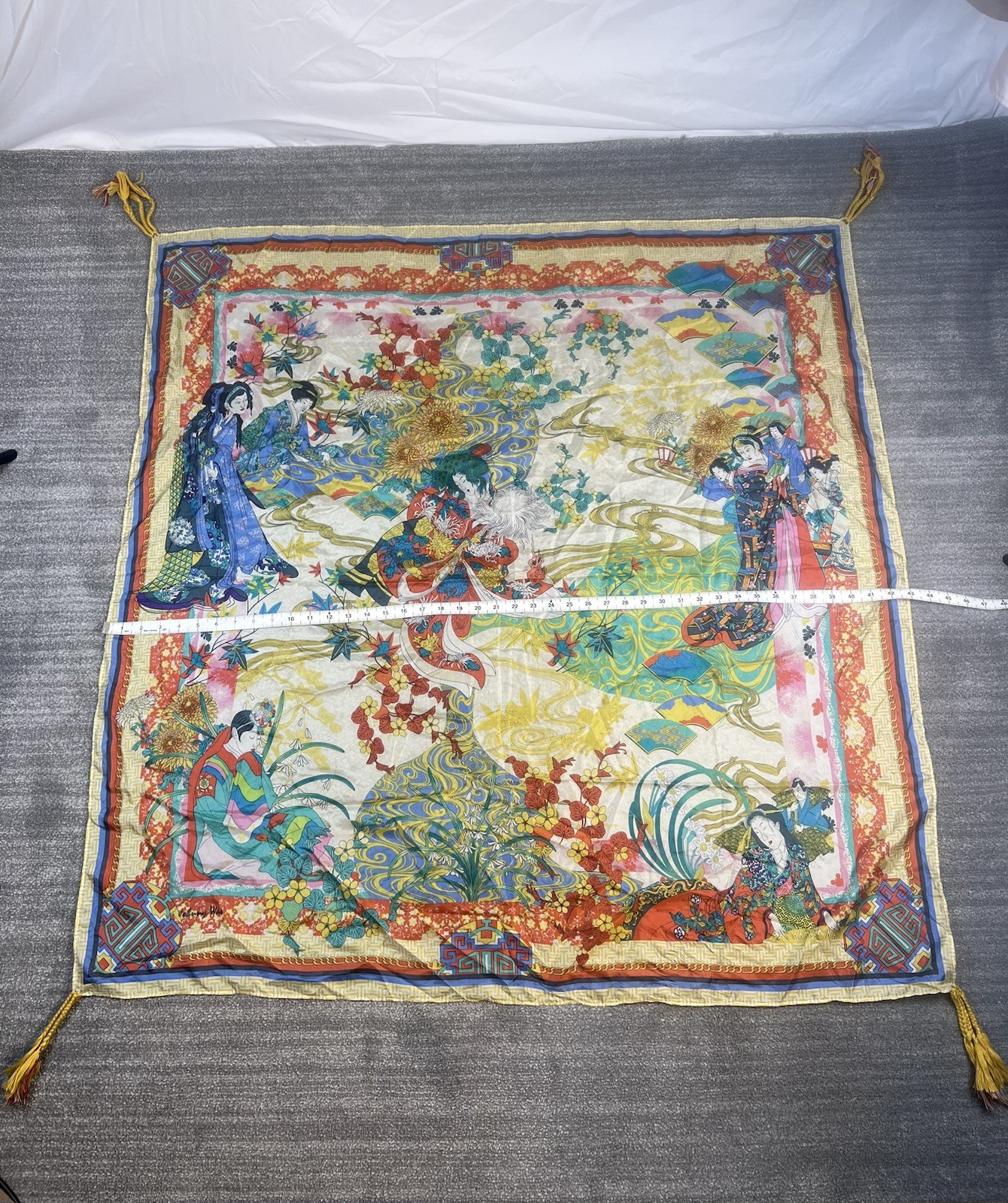 Beautiful Johnny Was Square Silk 43” Scarf Or Wrap Tassels Geisha Asian Oriental