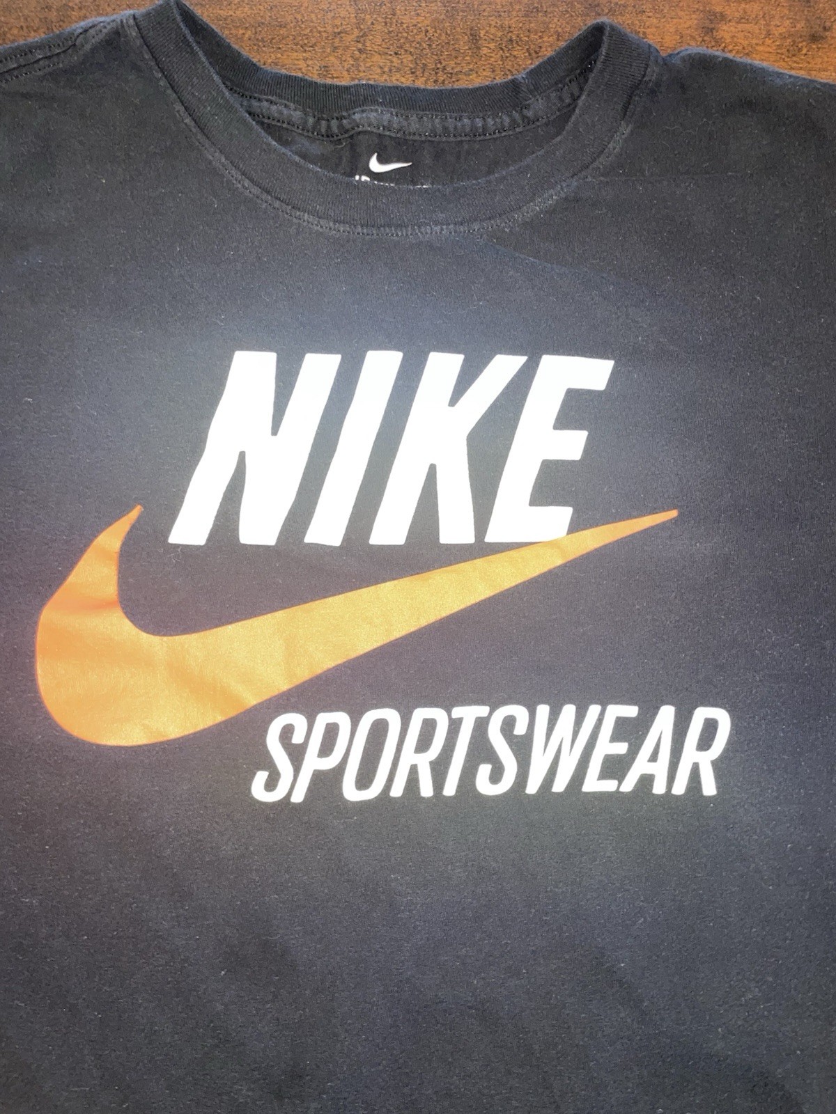 Nike Sportswear Mens Black Tee Orange Swoosh Large Graphic Logo – Size Large