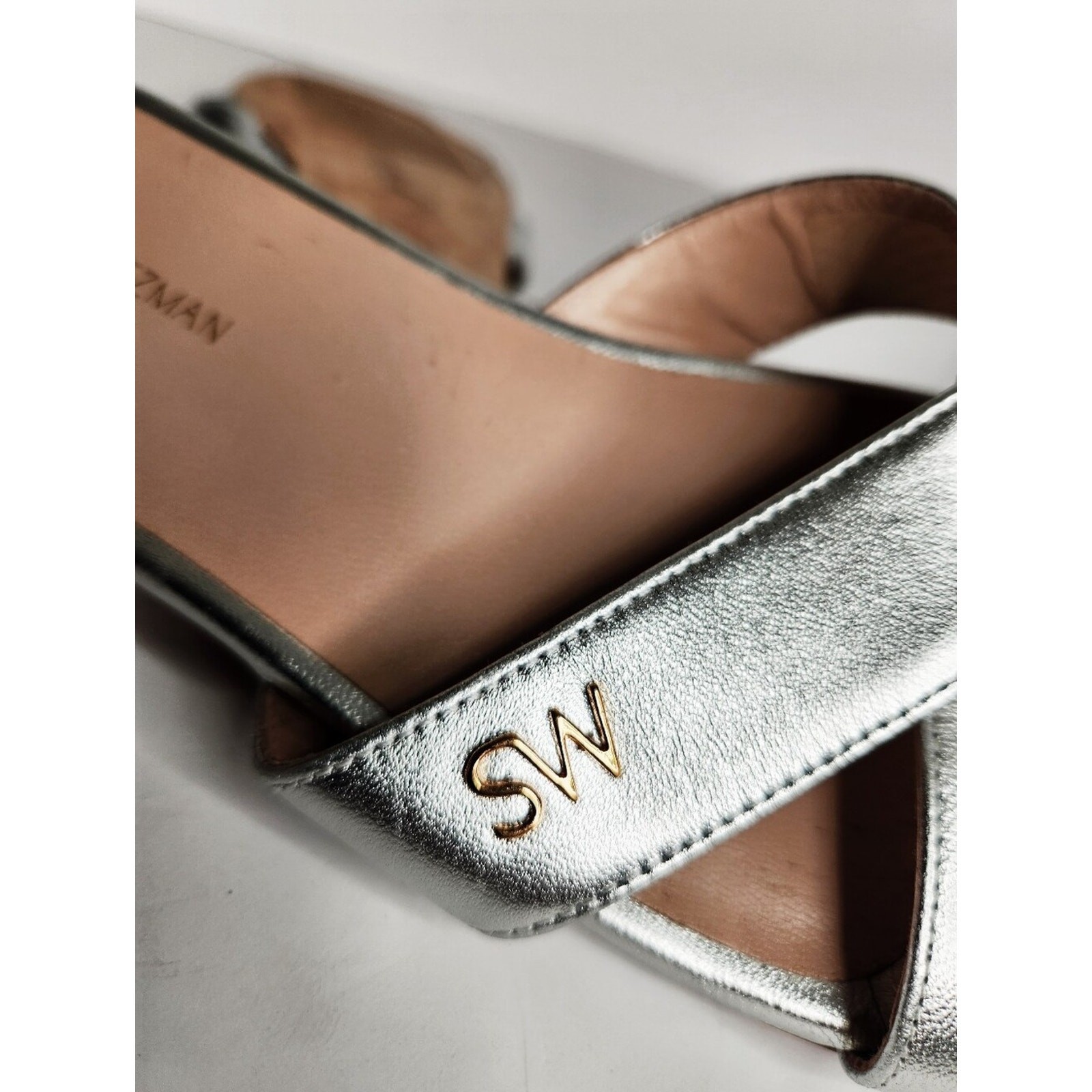 Stuart Weitzman Lunaria PYB Metallic Silver Nappa Leather Sandals Women Size 8.5