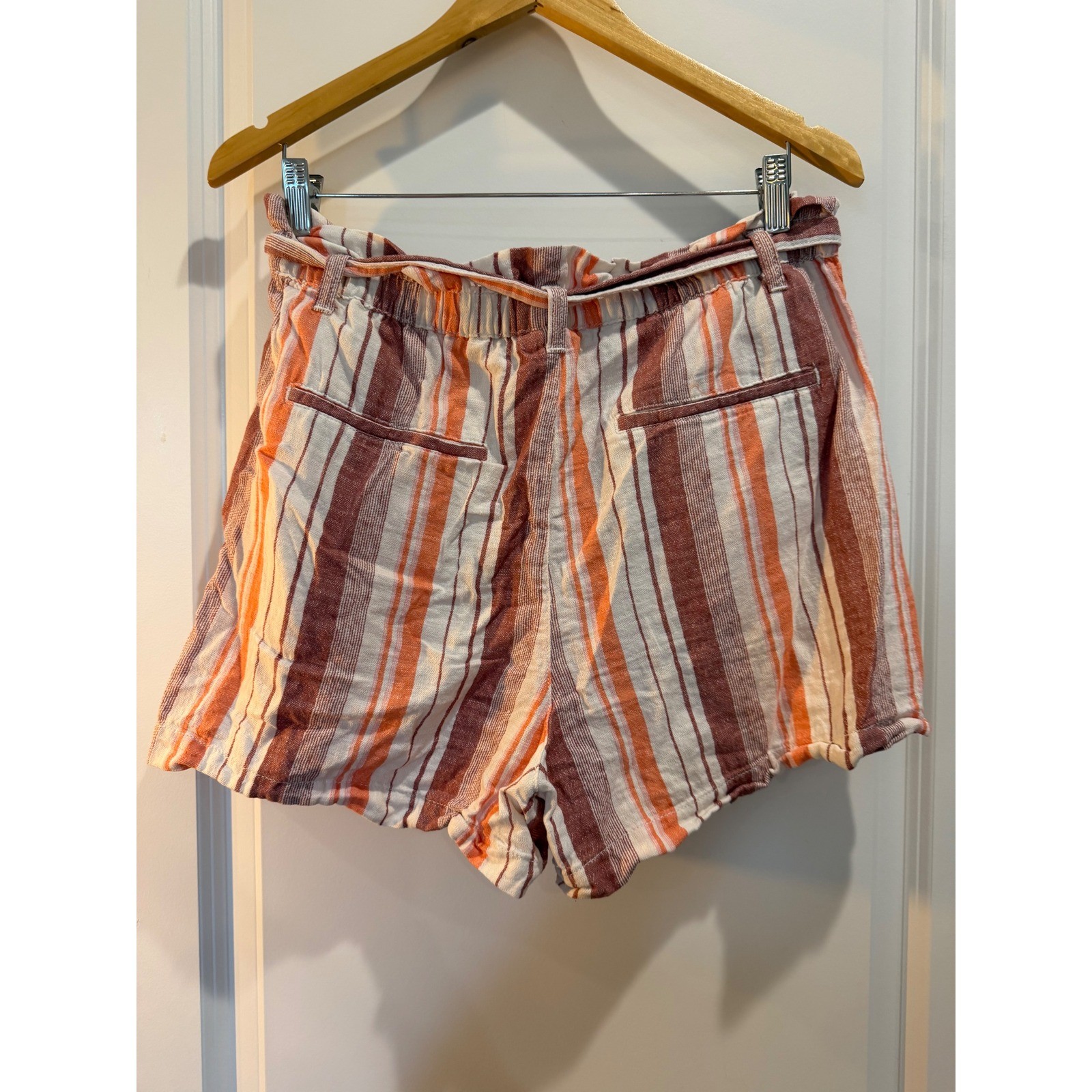 ana A New Approach Striped Linen Blend Paperbag Shorts Orange Burgundy Large