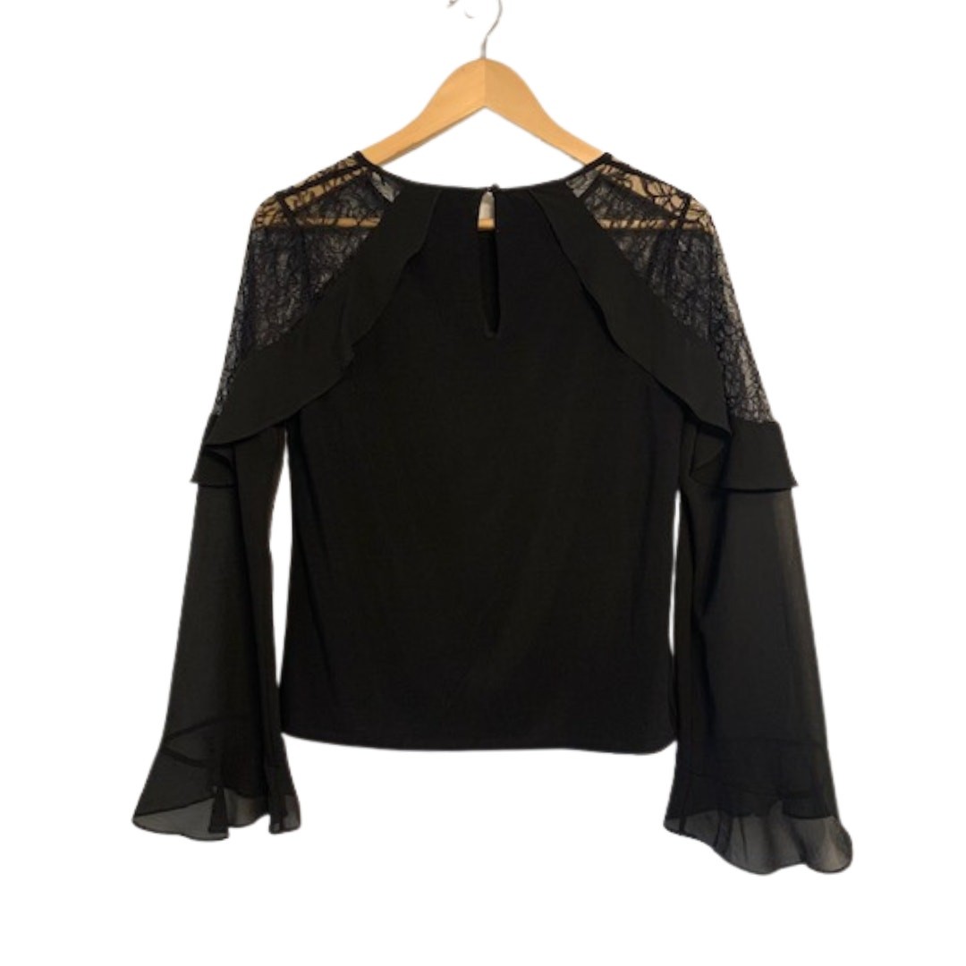 NWT WHBM Flare Sleeve Lace Bell Sleeve Black Top | S