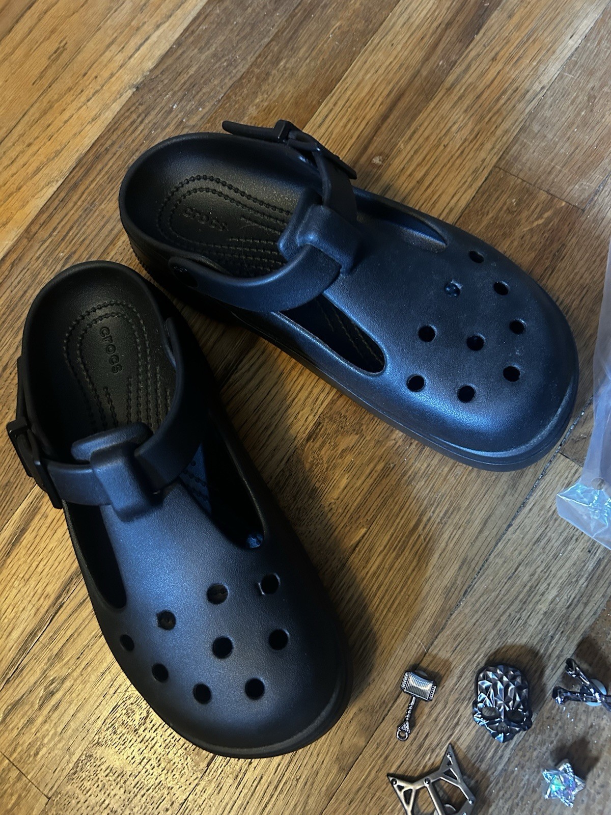 Crocs Black Mary Jane Slip On Sandals Adjustable Strap Thor Jibbitz US 7