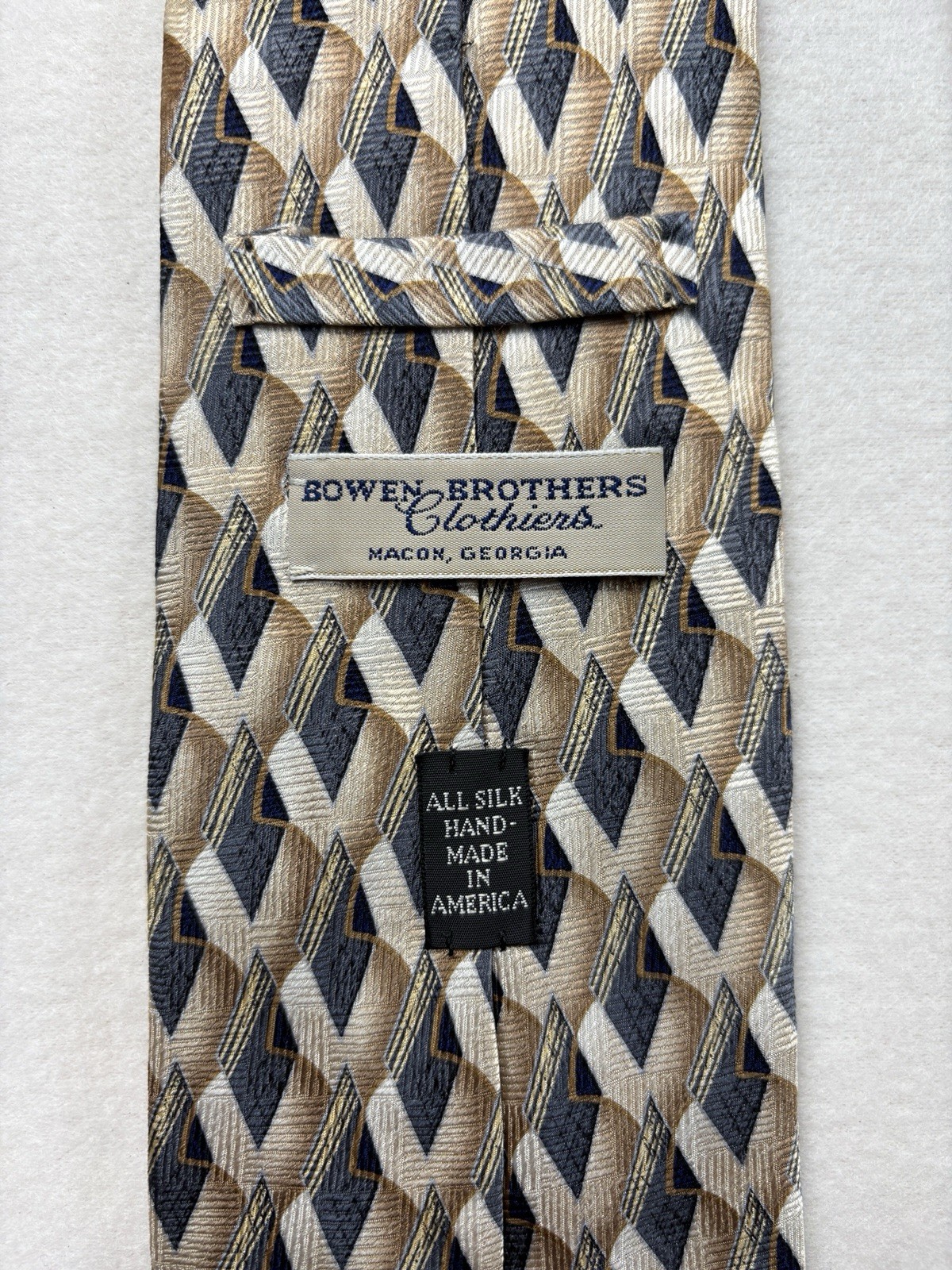 Vintage Bowen Brothers Clothiers Silk Geometric Necktie USA Handmade Beige Blue