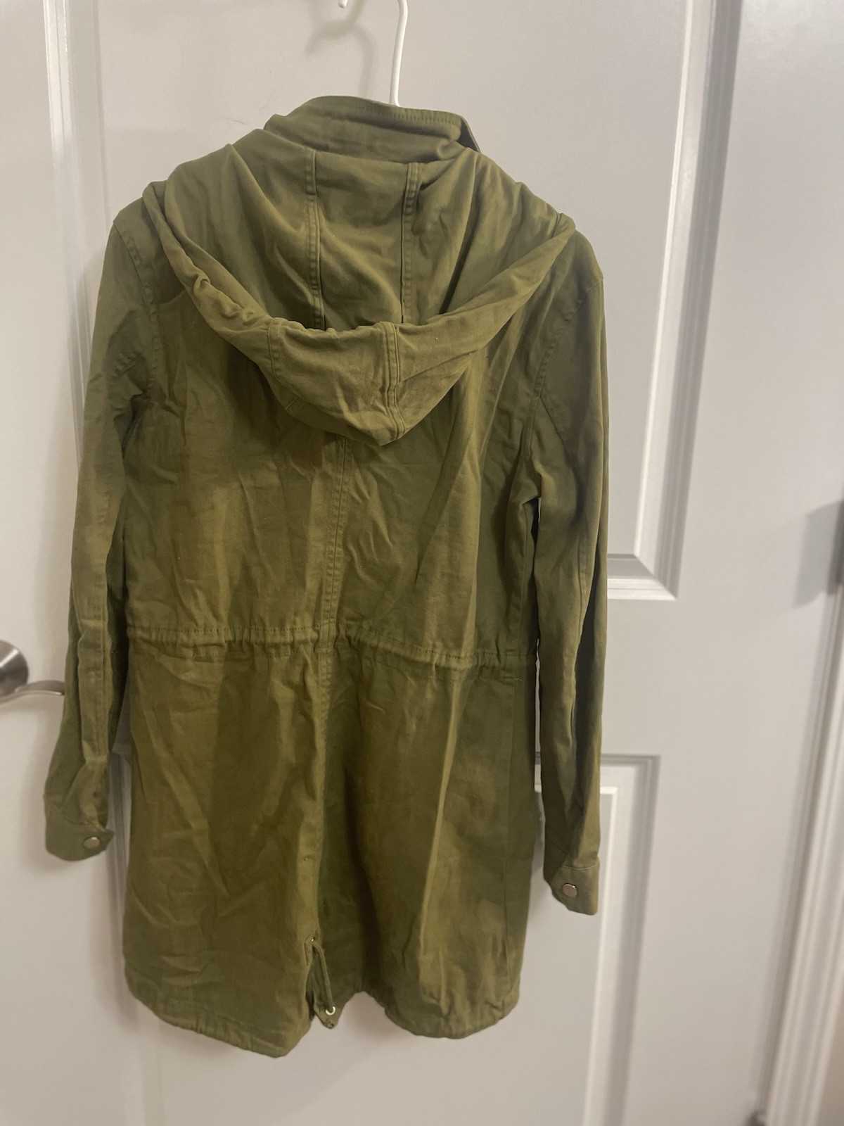 SUNSET LANE Olive Hooded Jacket Drawstring Waist Pockets Snap Zip Mid-Length S