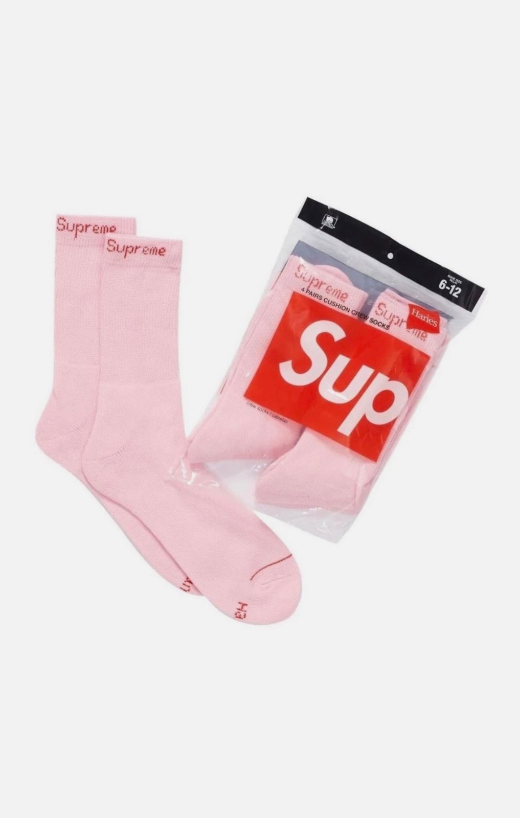 Supreme/Hanes Pink Crew Socks Authentic 4 Pack Size 6-12 Fast Free Shipping 🚚