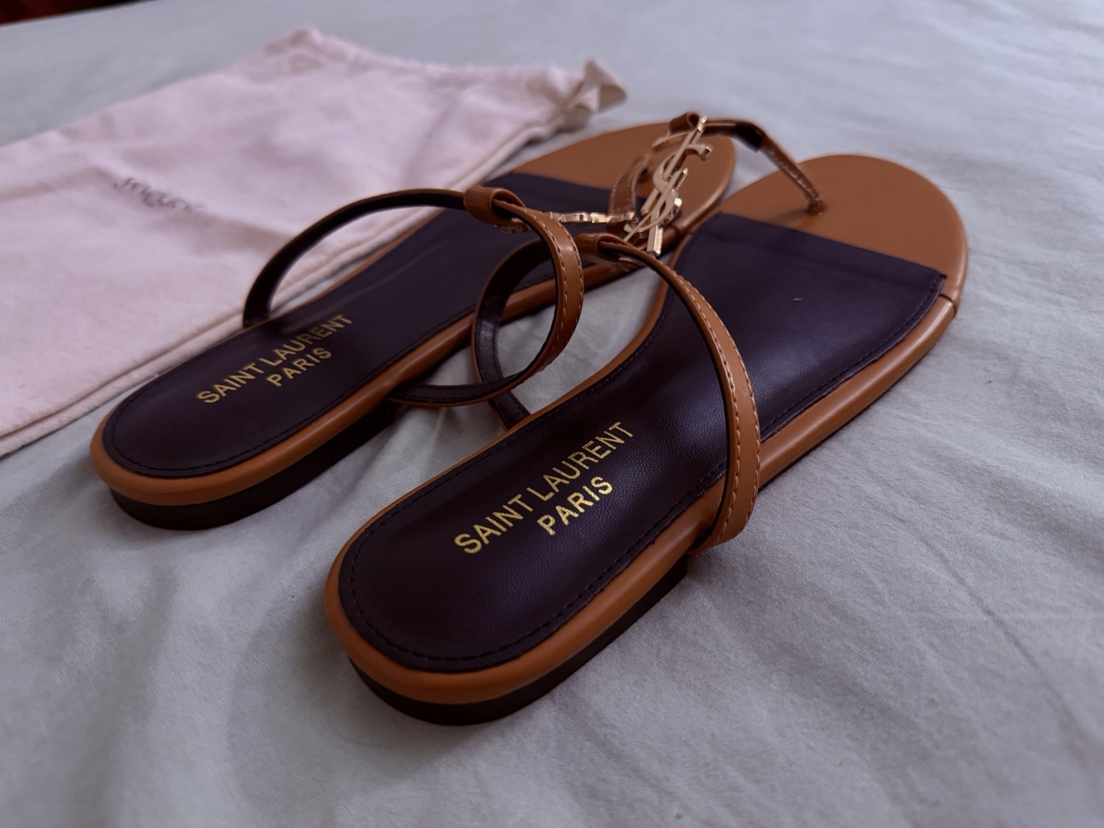 Saint Laurent YSL Logo Leather Thong Sandals Brown Black Gold Women 11