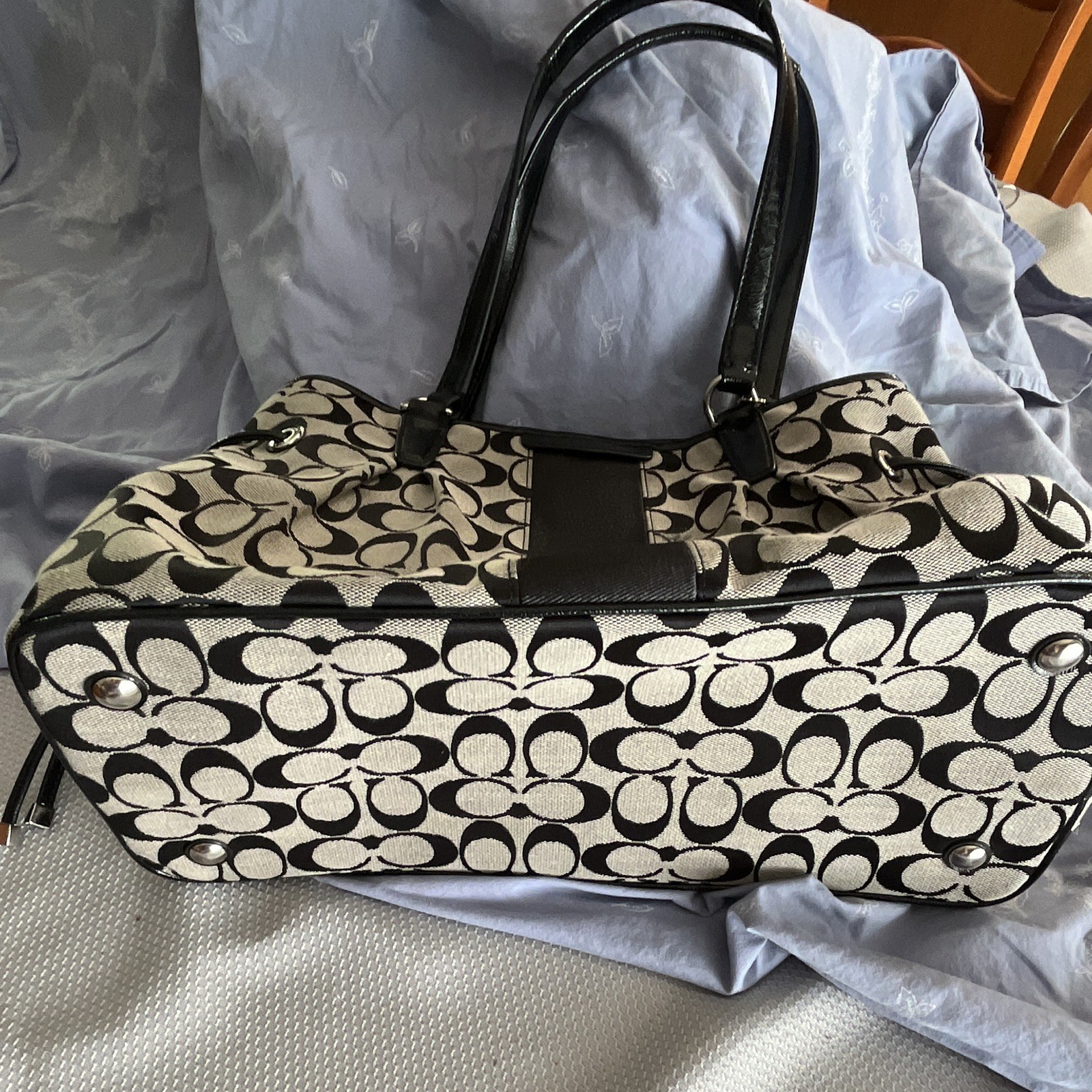 Coach Signature Logo Satchel Top Handle Zip Bag Black/White Silver Hardware