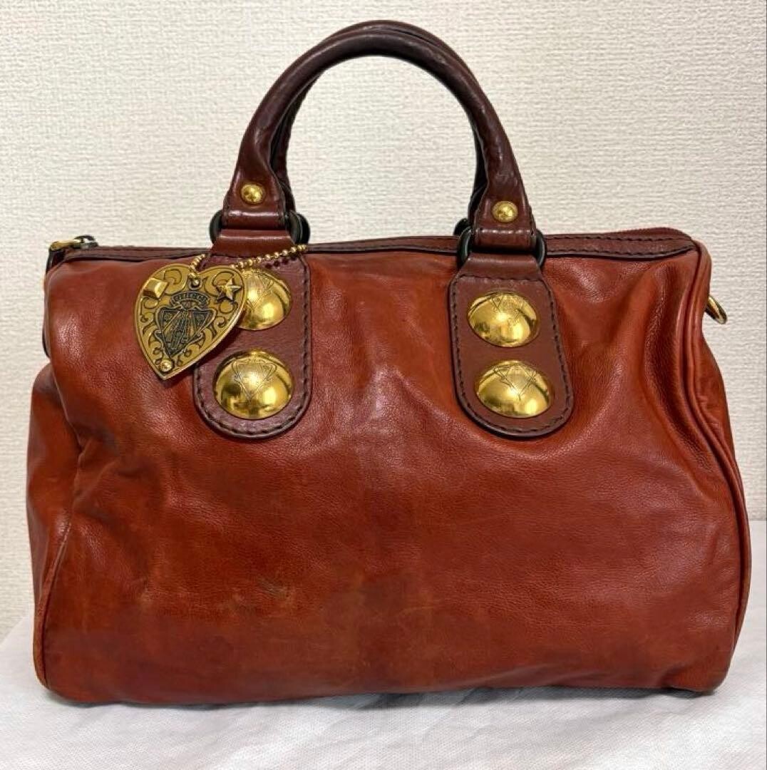 GUCCI Red Leather Boston Bag Vintage Studded Heart Charm Womens Handbag 71