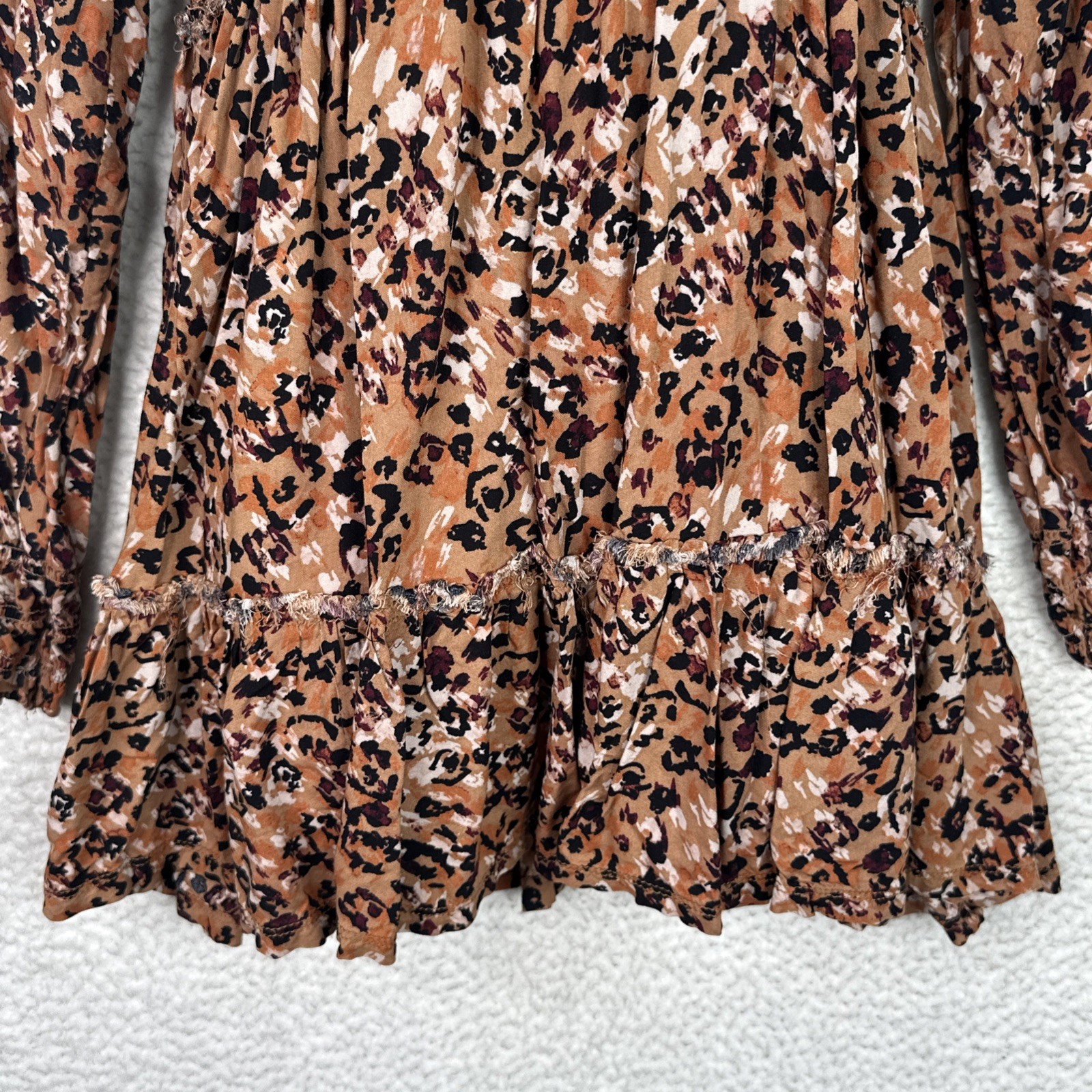 BeachLunchLounge Smocked Mini Dress M Brown Boho Tiered Viscose Long Sleeve