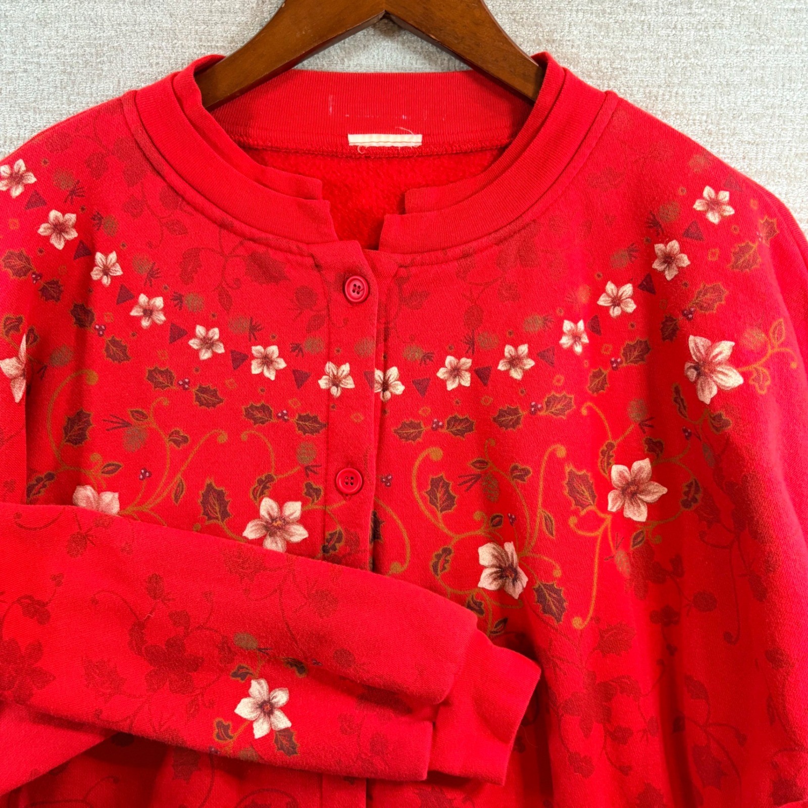 Vintage Granniecore Red Floral Print Button Front Fleece Cardigan Sweatshirt LG