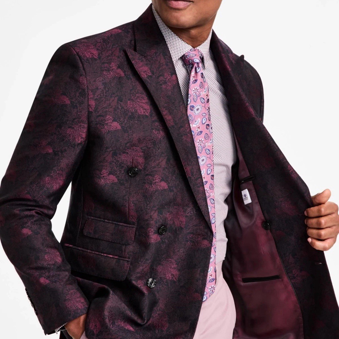 Tayion Double Breasted Wine Black Classic Fit Jacquard Dinner Jacket 46R New NWT