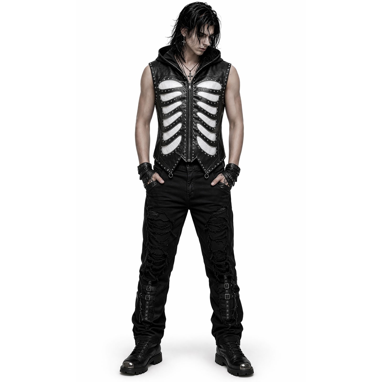 Black Gothic Genuine Leather Vest Hoodie Skeleton Rib Cage Studded Punk Jacket