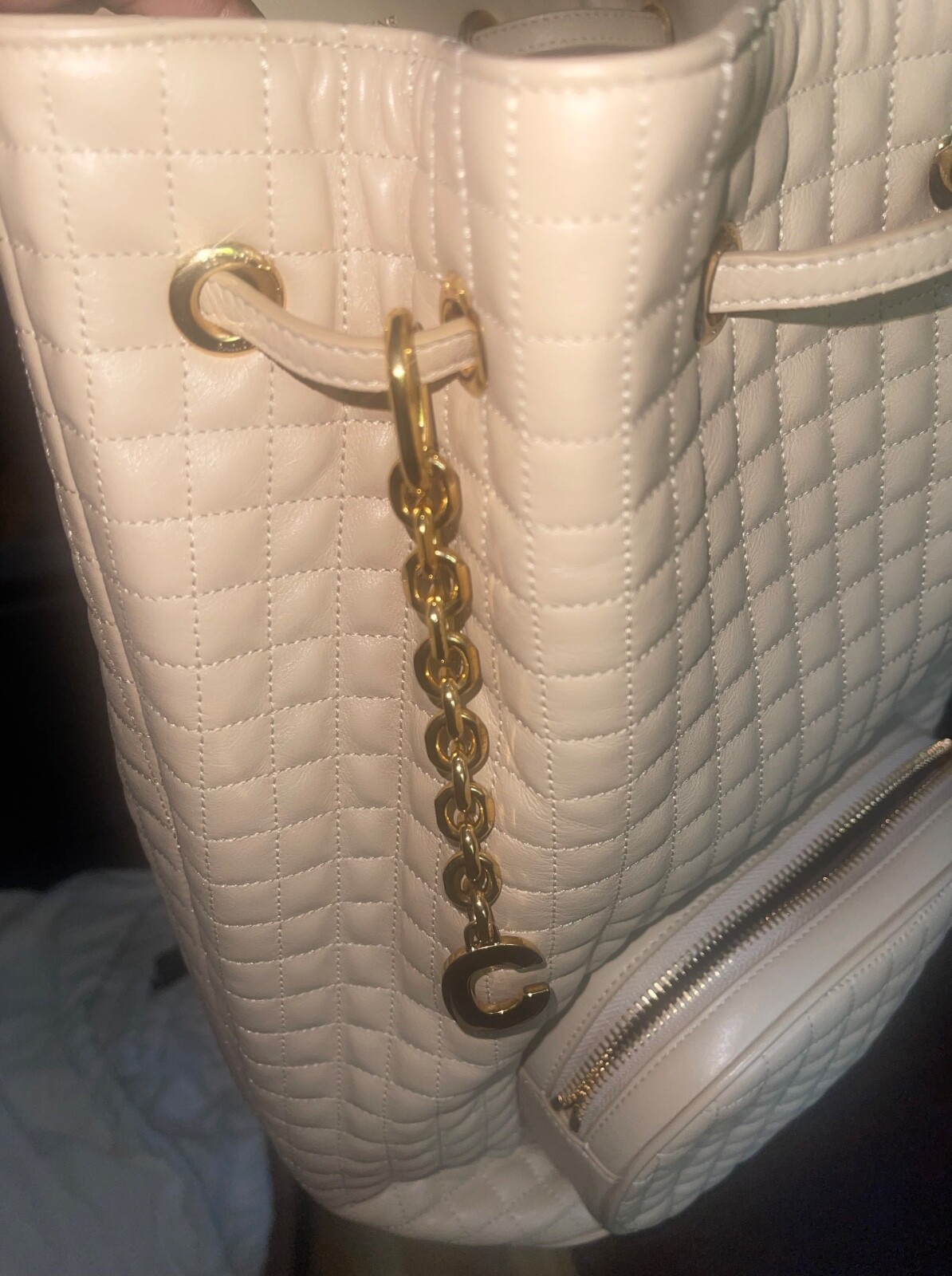 celine medium leather bucket bag with gold c charm