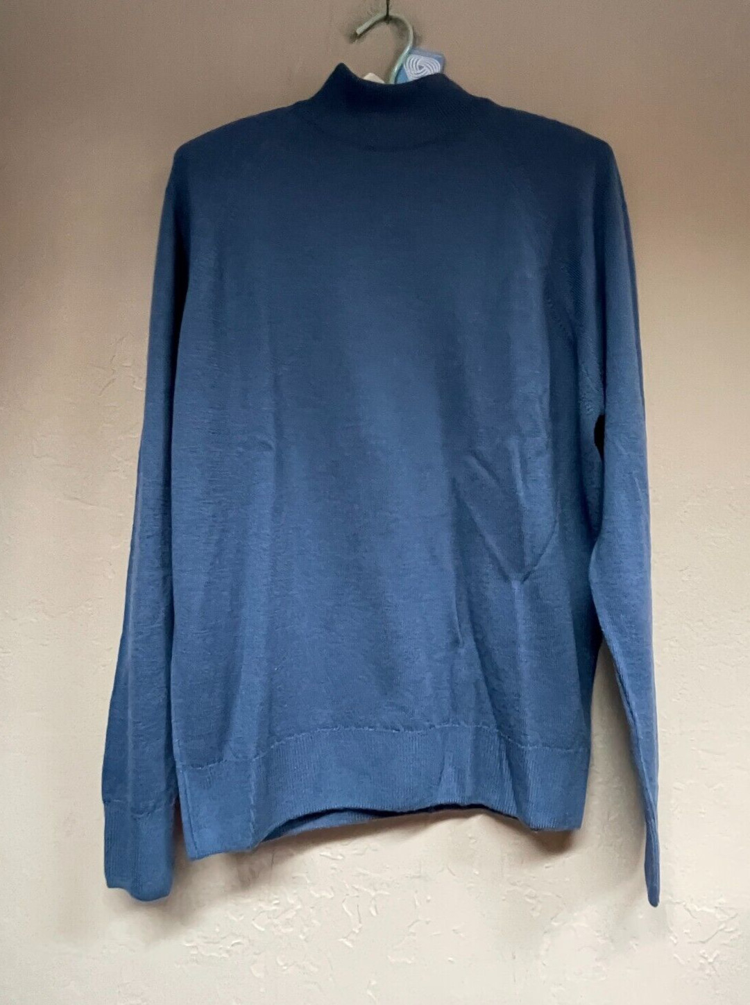 New Woolmark Men’s Size 42″/107cm Blue Mock Neck Pullover Knit Sweater Lambswool