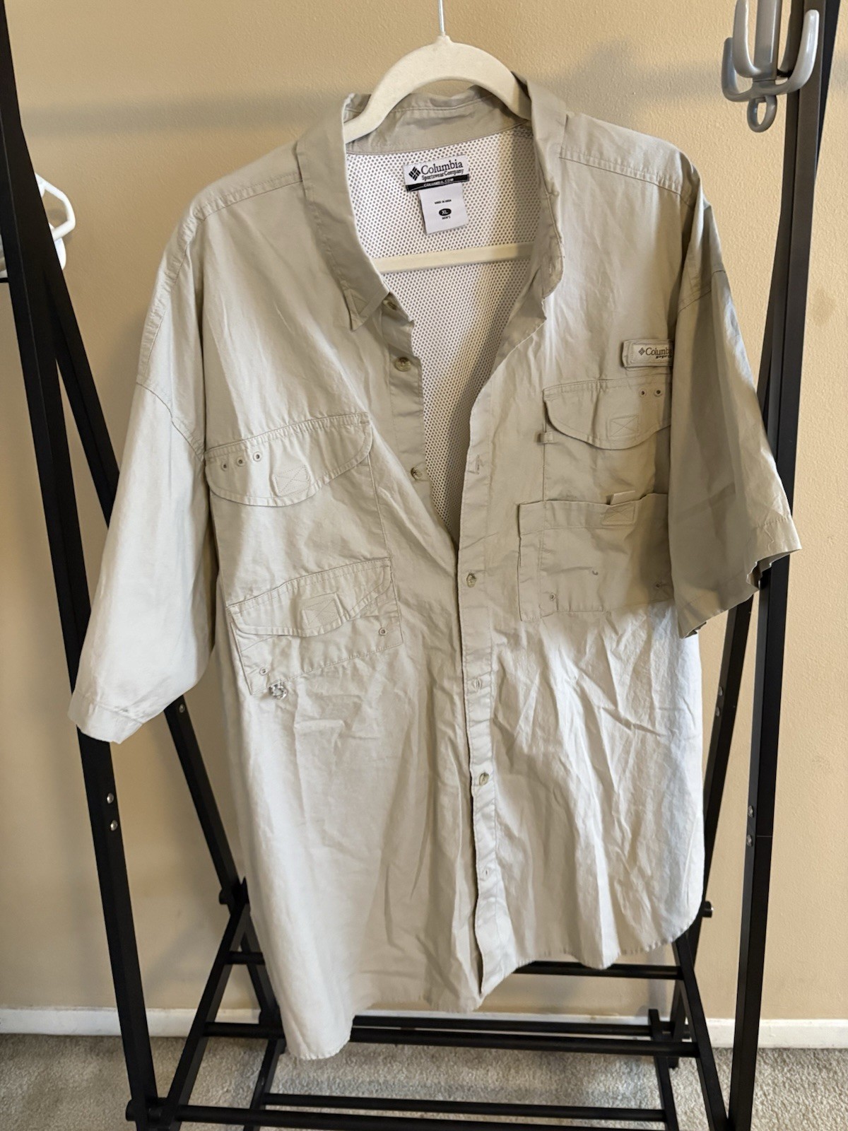 Columbia PFG Shirt Mens XL Relaxed Fit Khaki Fishing Button Up Short Sleeve
