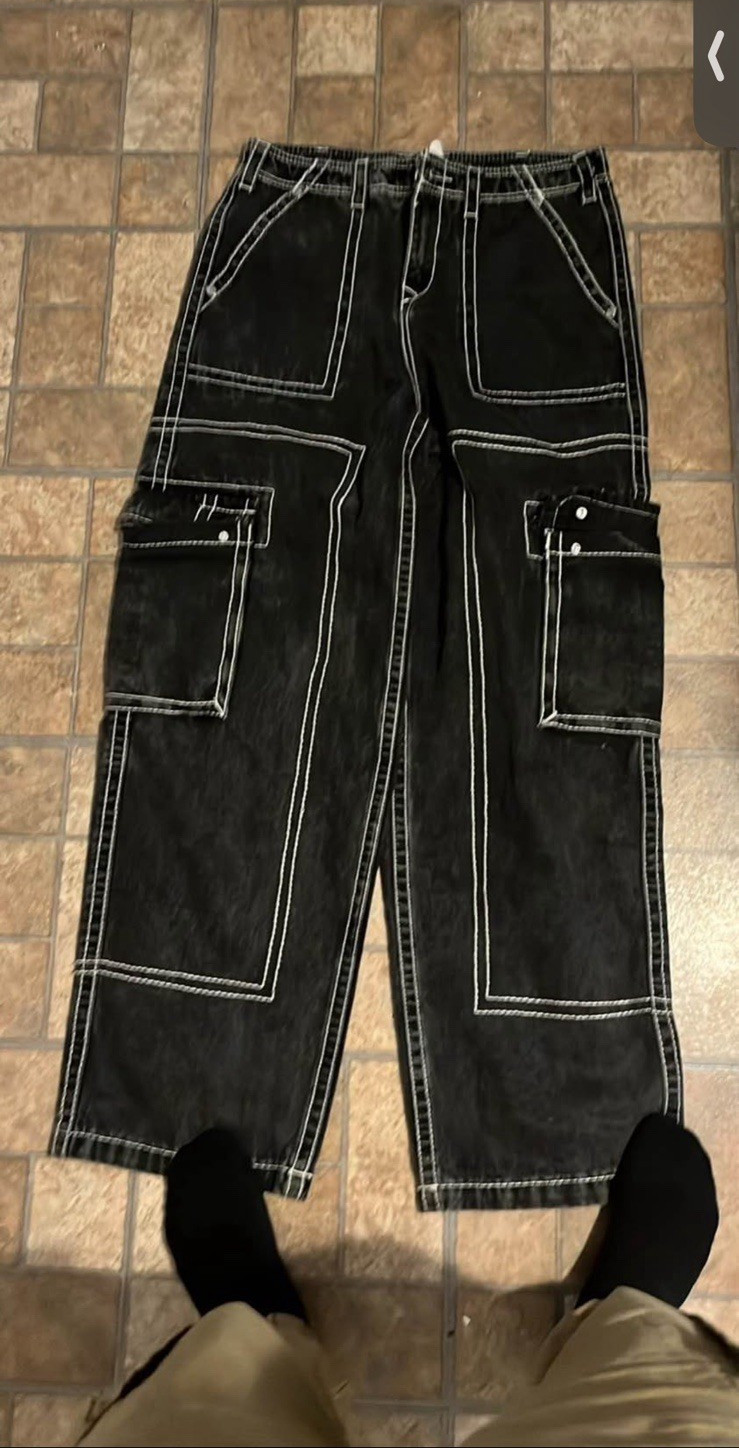True Religion Baggy T Black Cargo Jeans Contrast Stitching