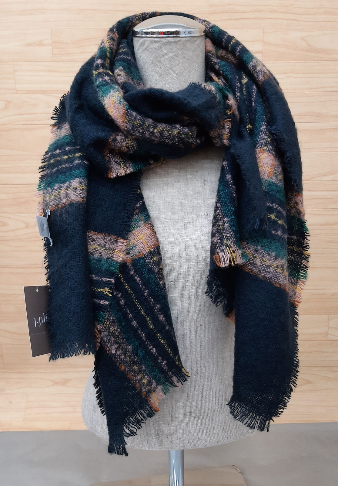 J. Jill Womens Scarf Navy Multicolor Plaid Rectangular O/S 251791 CUE1SZ 2210