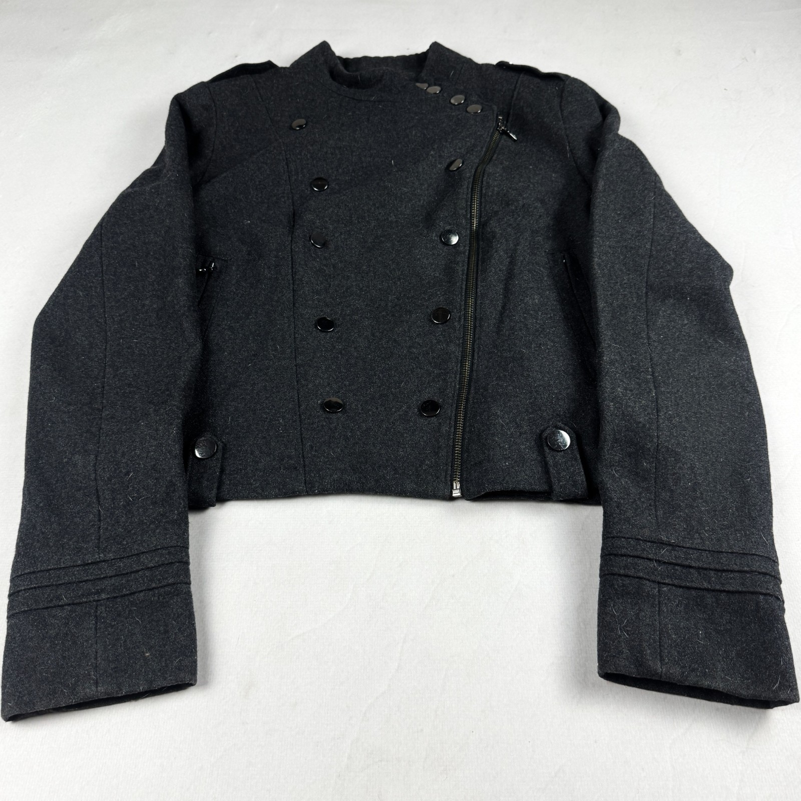 Vintage Military Napoleon Style Wool Jacket Dark Grey Cropped Double Breasted
