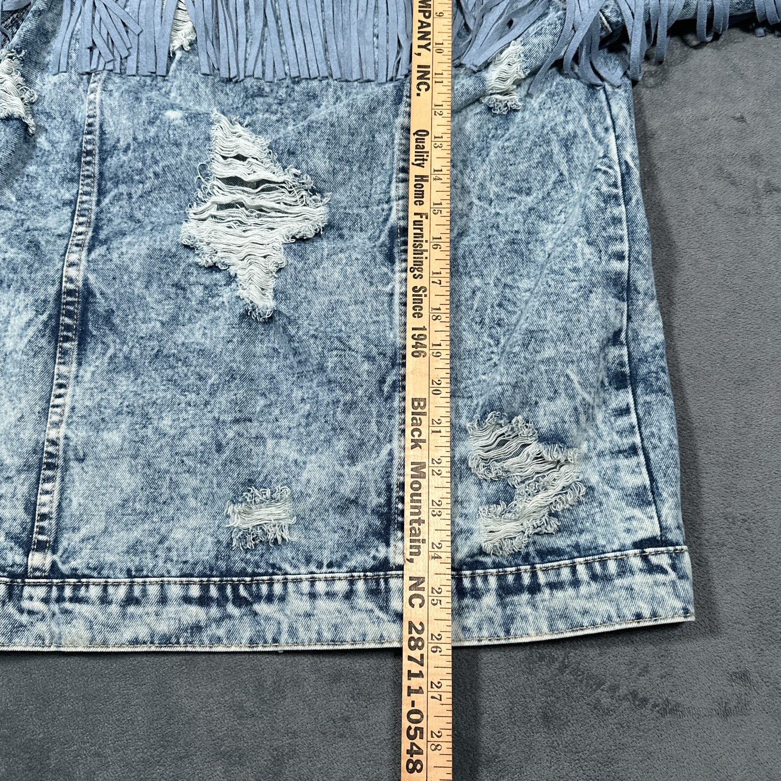 Denim Trucker Jean Jacket Womens Medium Blue Acid Stone Wash Distressed Fringe