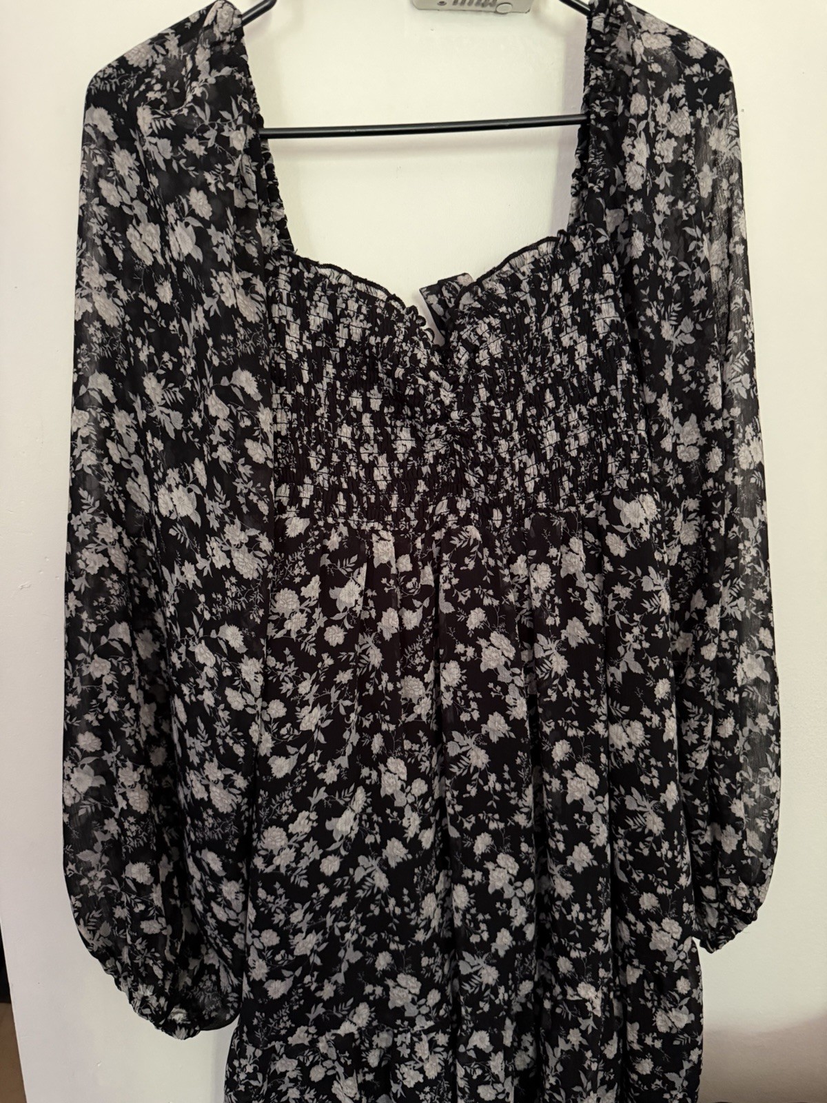 Altar’d State Women’s Black White Floral Smocked Square Neck Sheer Dress M