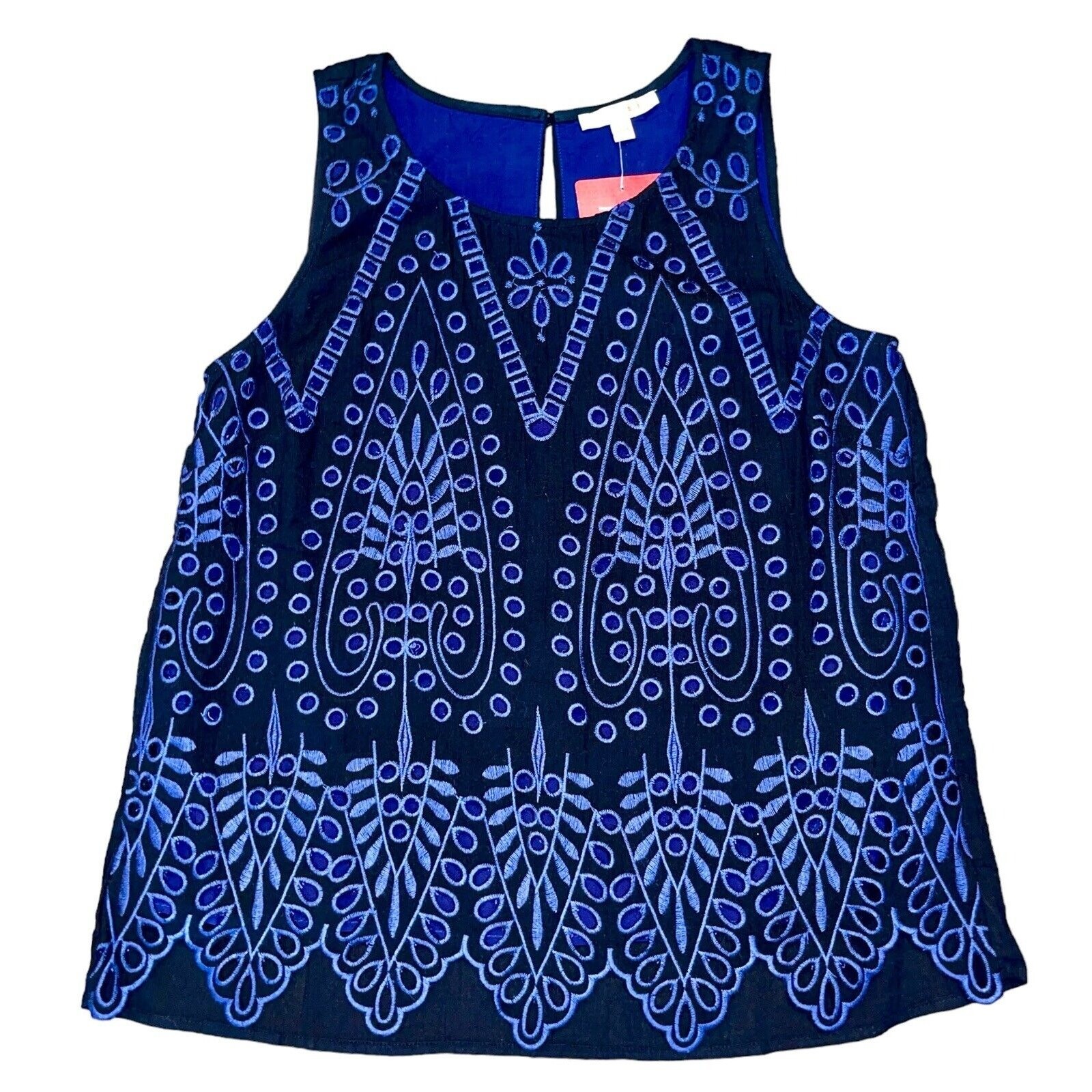 Sleeveless Embroidered Boho Blouse XS Black Navy Eyelet Skies Are Blue NWTj