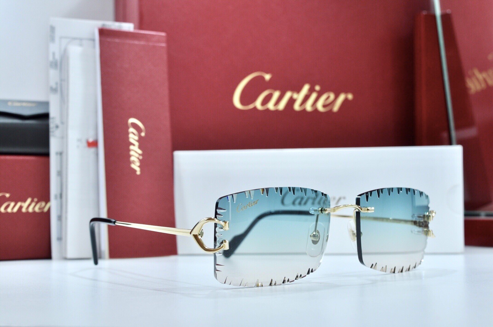 Cartier Rimless Piccadilly BIG C Decor Gold Occhiali Frame Glasses diamond lens