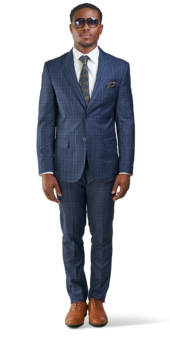 Slim Fit 2 Button Navy Blue Windowpane Plaid Mens Suit Peak Lapel 35071 AZARMAN