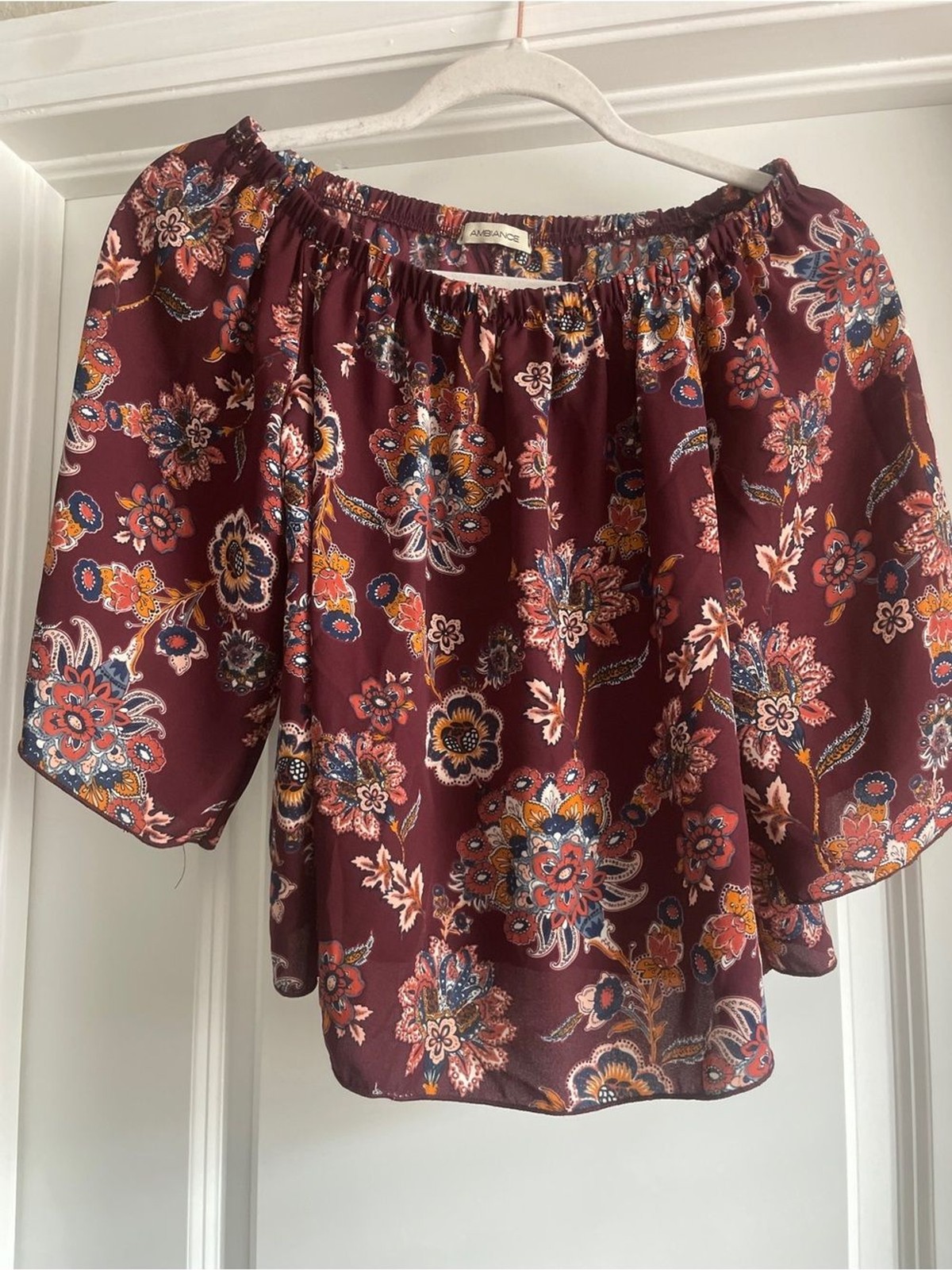 Ambiance Maroon Floral Off Shoulder Blouse Elastic Neck Flowy Top Size Small