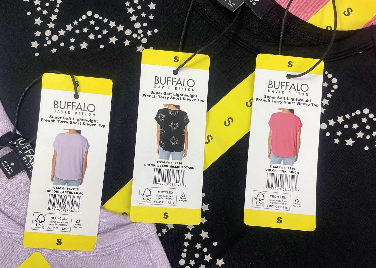 Buffalo Ladies French Terry Short Sleeve Top Pick Size Pink, Black or Lilac NWT