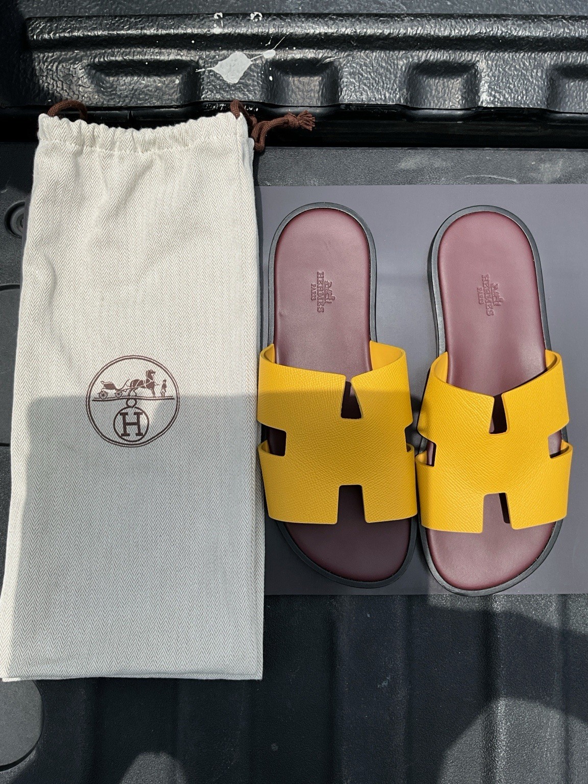 Hermès Women’s Leather Slip-On Slide Sandals Logo Accent Yellow/Brown