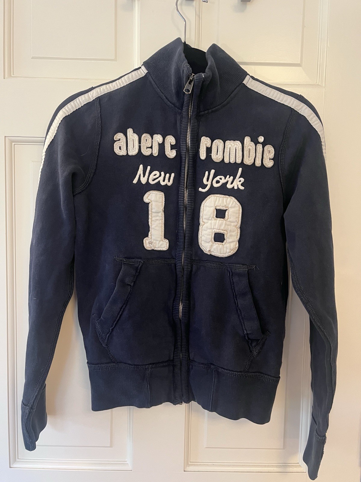 Abercrombie Kids Boys L Navy/White Full Zip Hoodie Hooded Pockets Embroidered