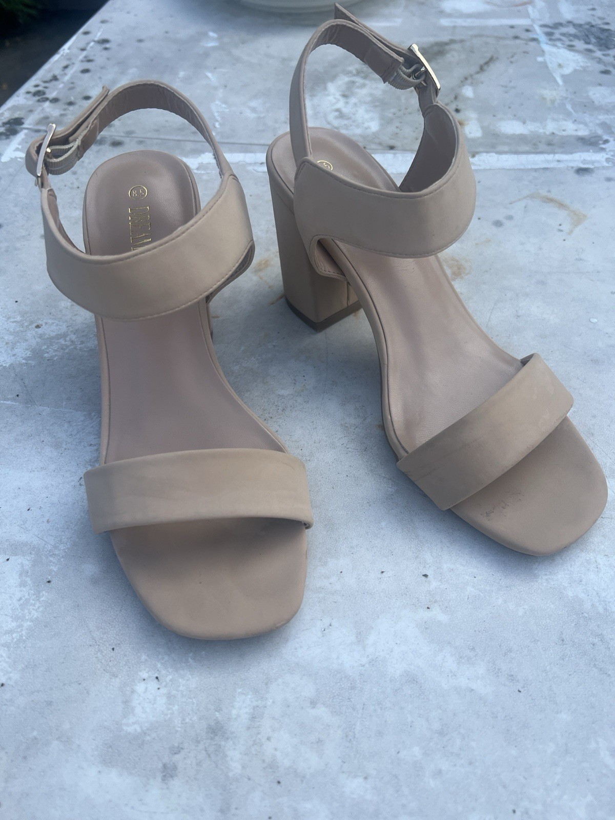 Dream Pairs nude ankle strap low block heel sandals.
