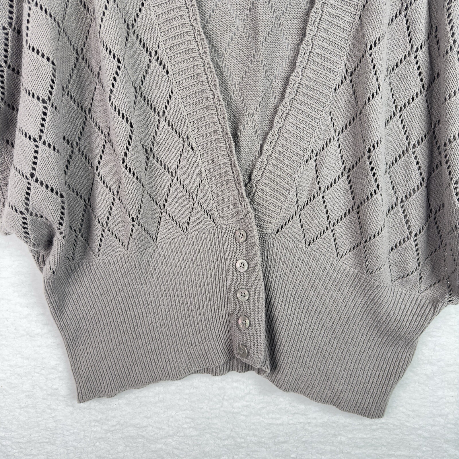 ELLE Gray Open Knit Cardigan Argyle Dolman Oversized Boho Cozy Sweater XL