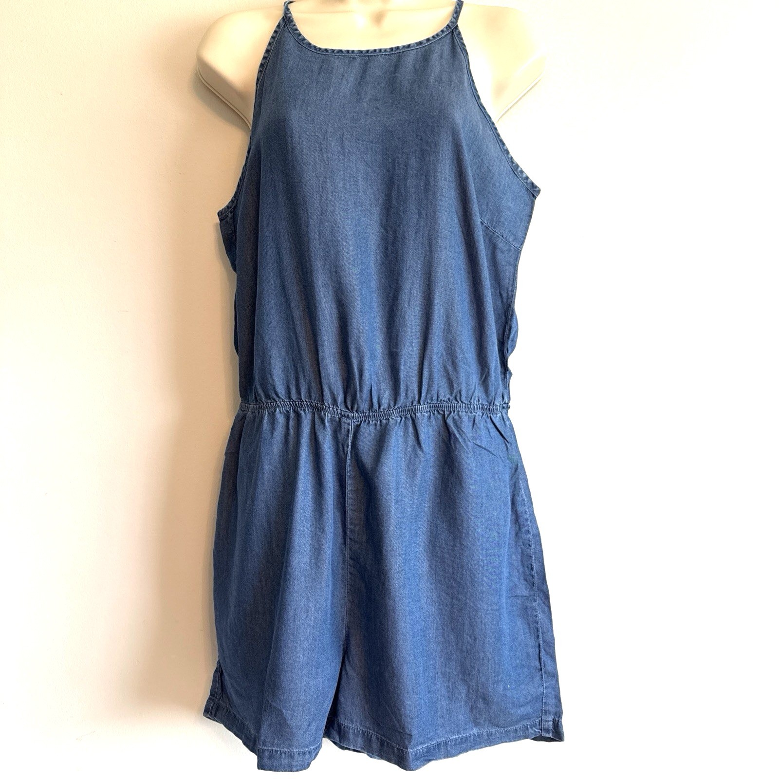 NWT Ci Sono Denim Blue SLeeveless Romper S Summer Outdoors Festival Boho Classic