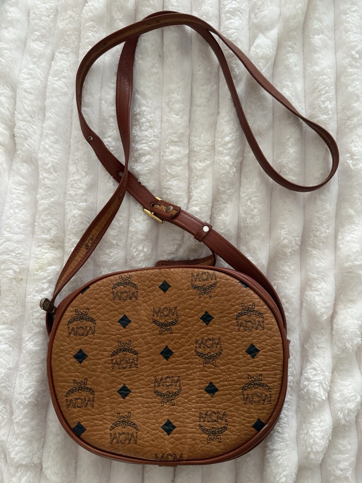 MCM Monogram Brown Oval Crossbody Bag Adjustable Strap Zip Closure Gold Hardware