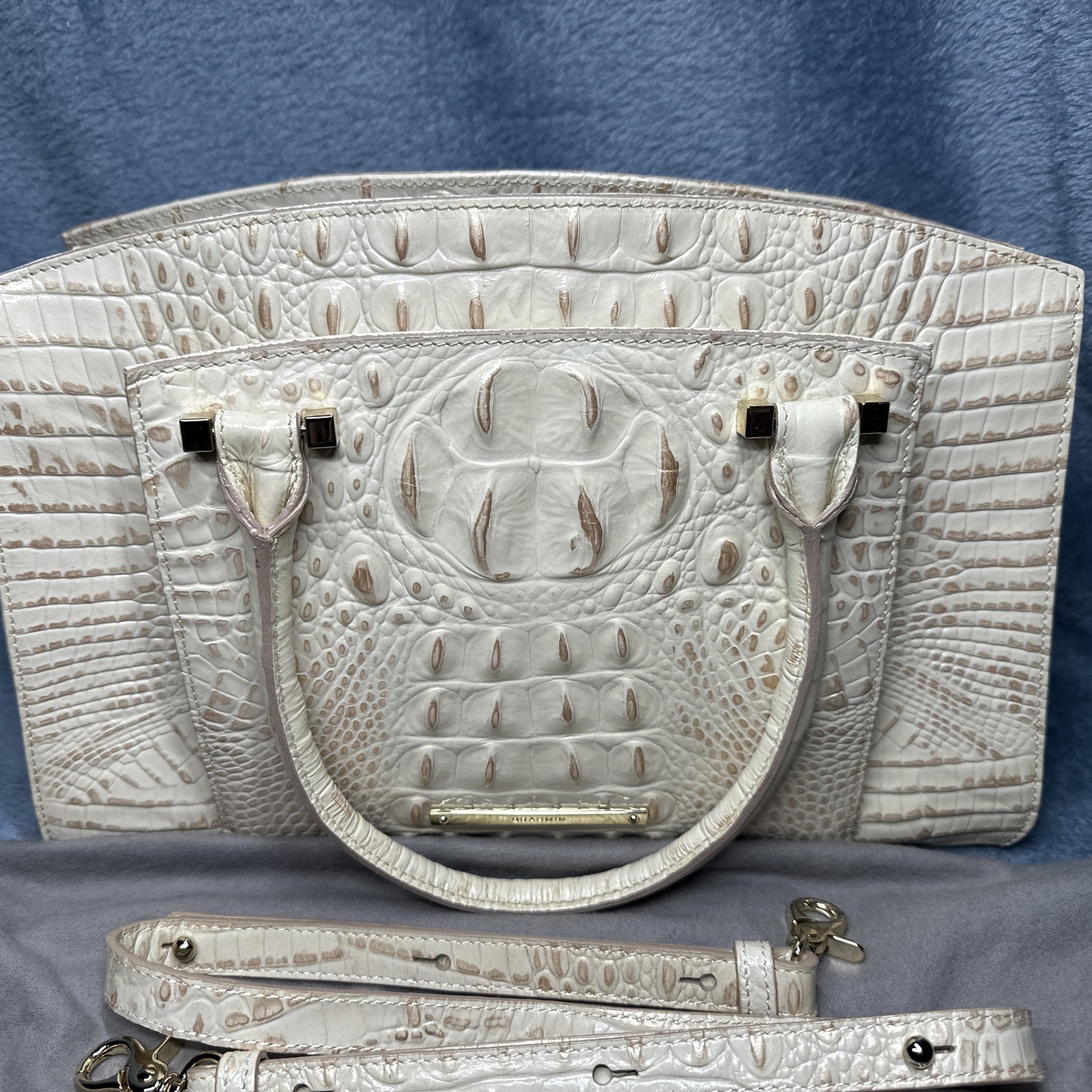 Brahmin Greta Satchel Bag With Crossbody Strap Cream Gold Croc Embossed