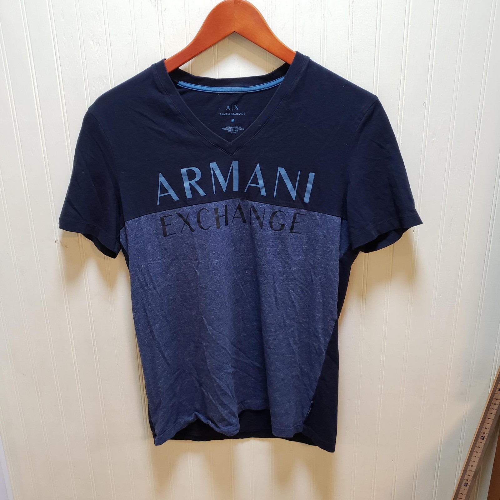 Armani Exchange Shirt Mens Medium Blue Colorblock Logo Graphic V-Neck Tee