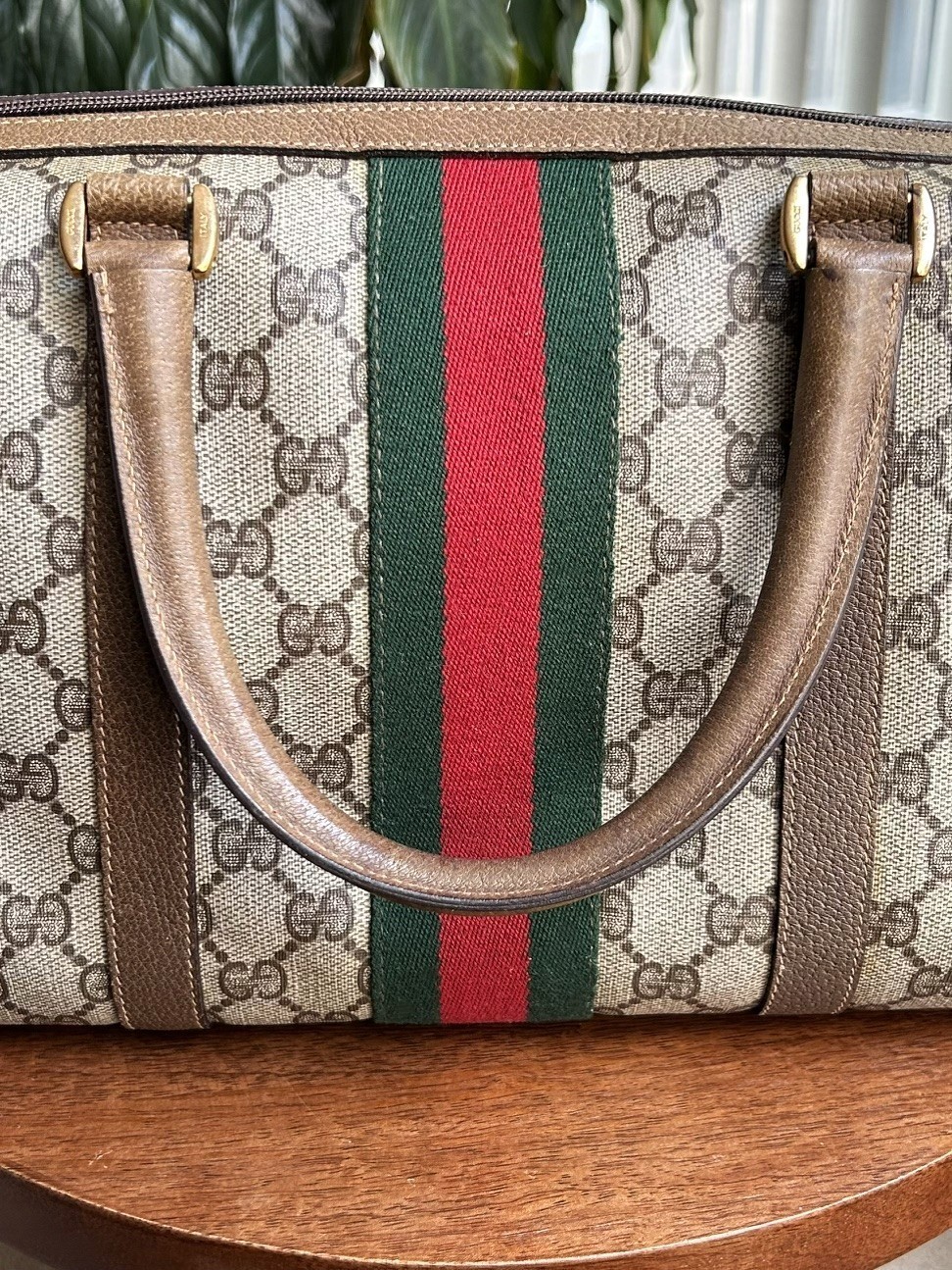 GUCCI GG Supreme Monogram Sherry Web Boston Bag, Tan