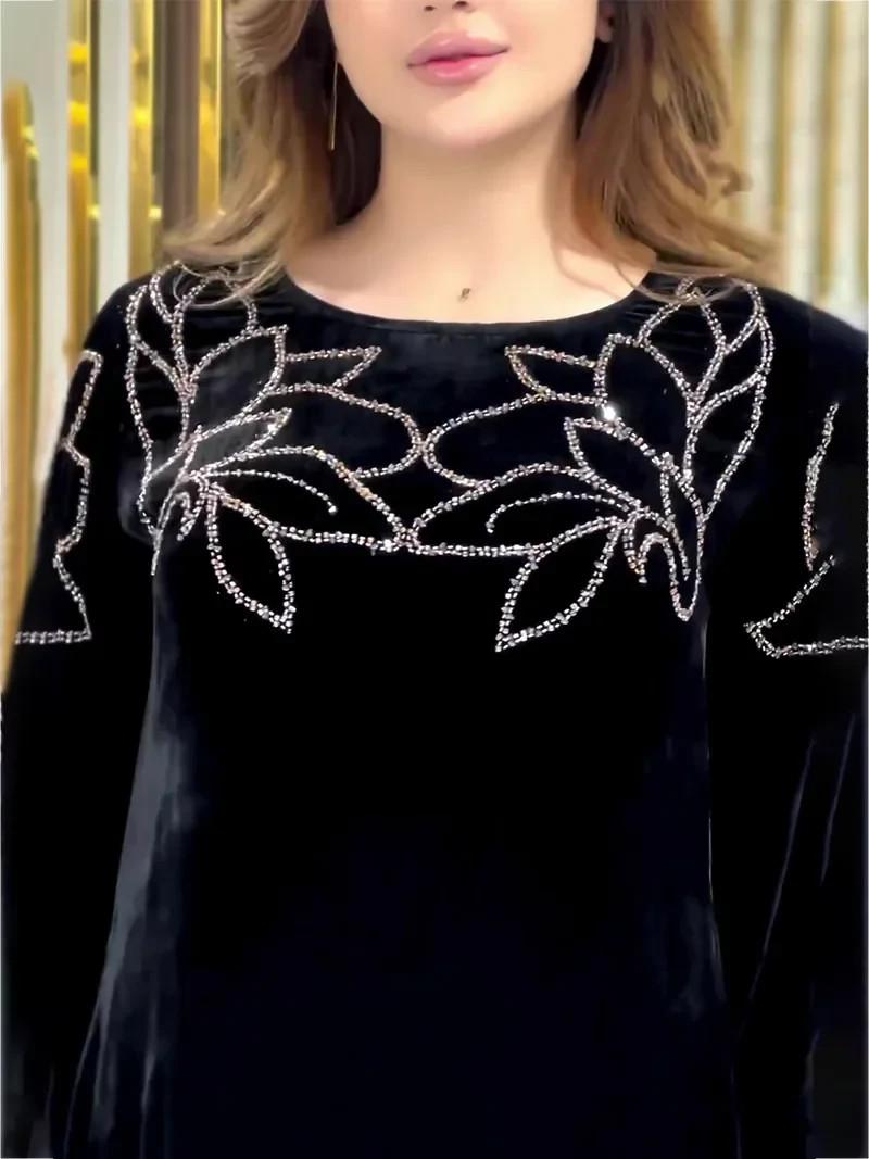 Women Velvet Abaya Dress Eid Ramadan Kaftan Dubai Jalabiya Robe