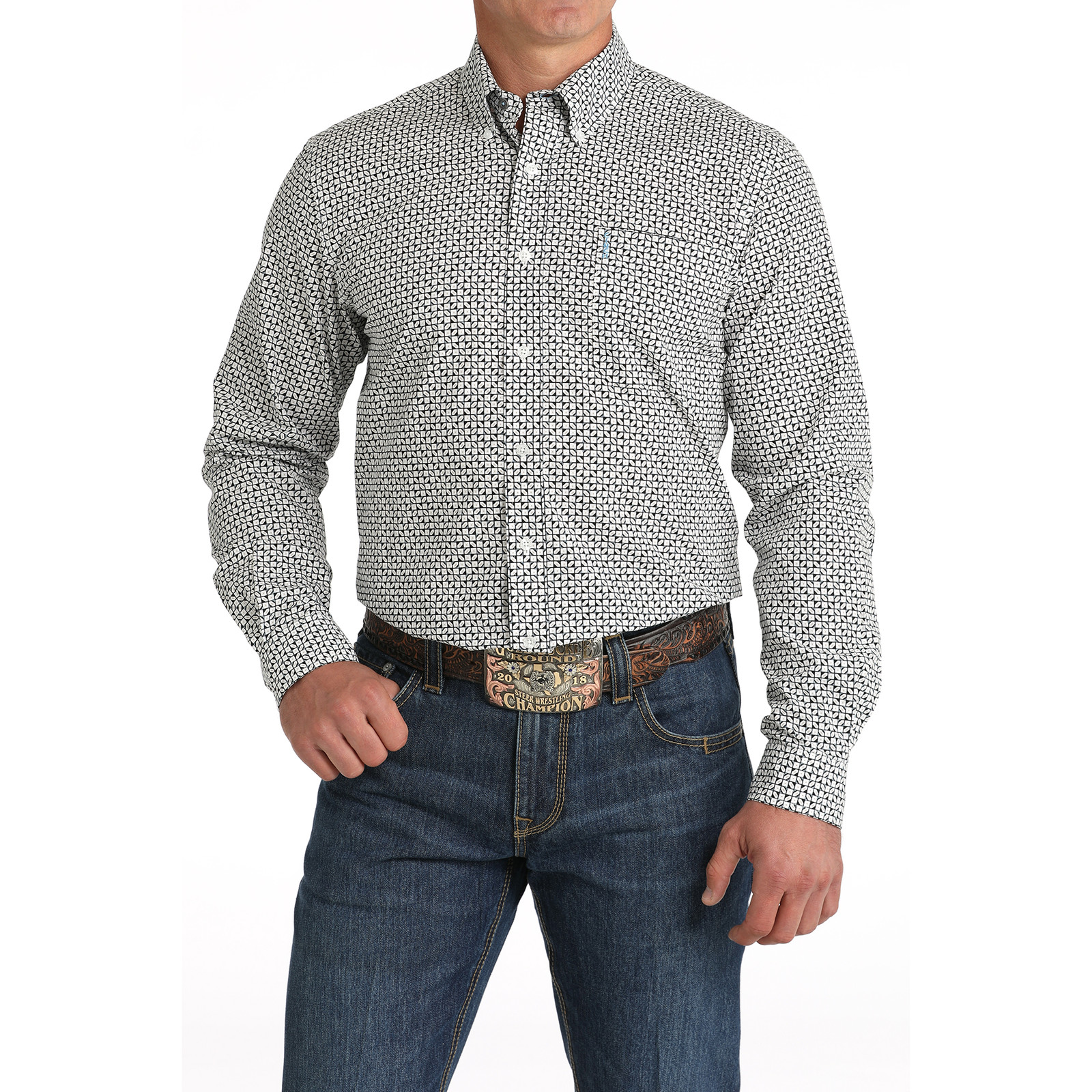 Cinch Men’s White & Black Tile Print Button Down Shirt MTW1347108