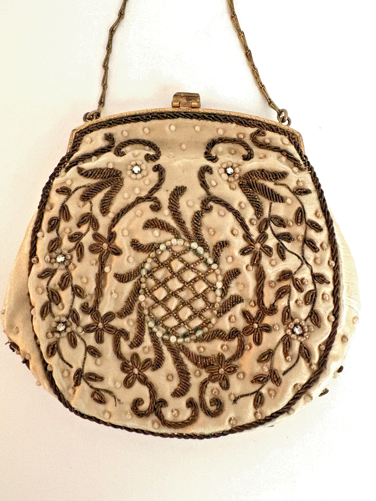 French Victorian Cameo TRINITY BAG Copper Beaded w/Pearls/Copper Metallic Thread