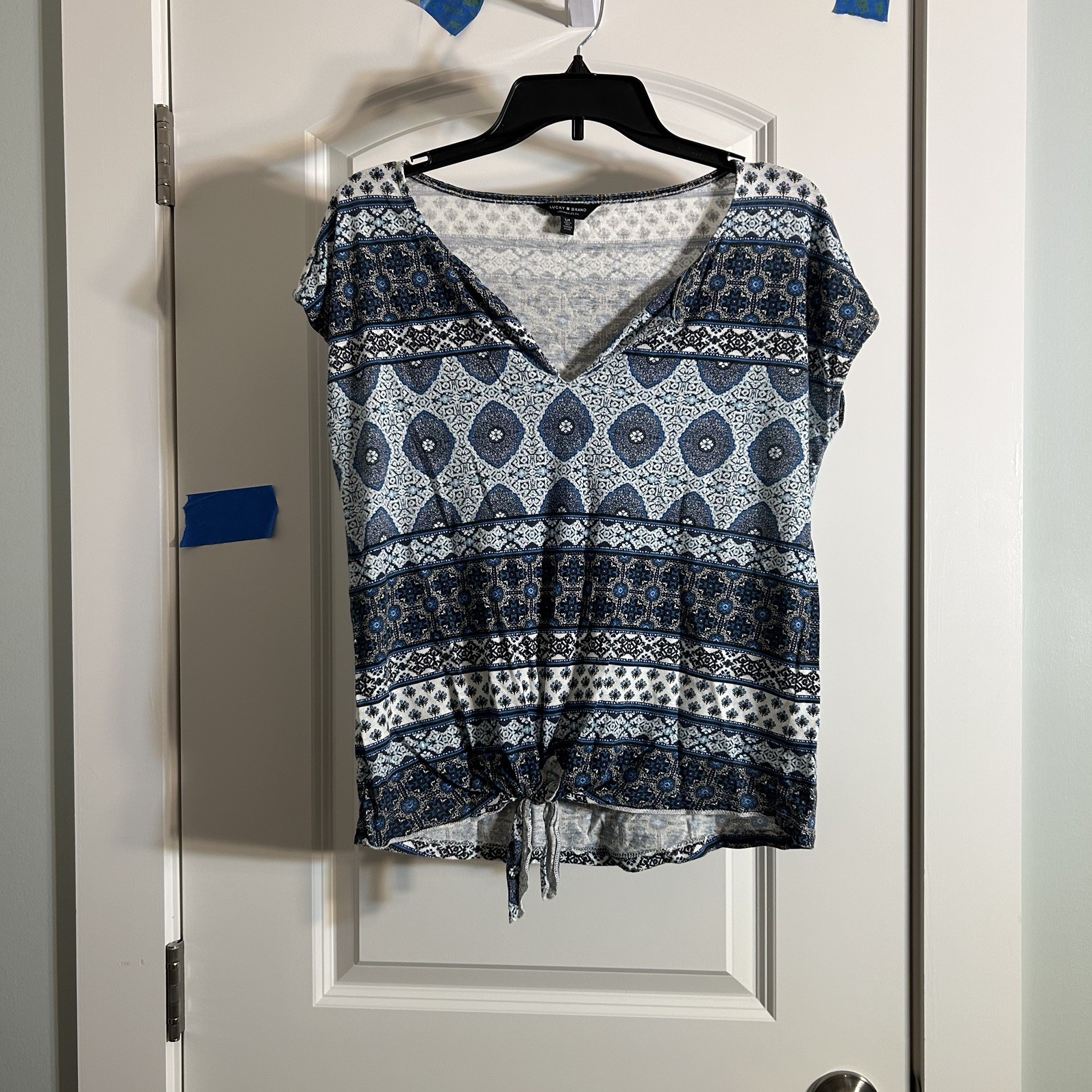 Lucky Brand PS TieFront Boho Top Blue Tribal Geometric Western Print Cap Sleeve