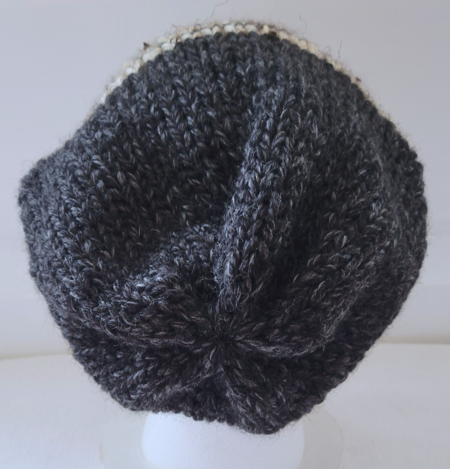 New Slouch Hat – Dark Gray w/ Beige Stripes – Wool Blend Handmade Hand Knit