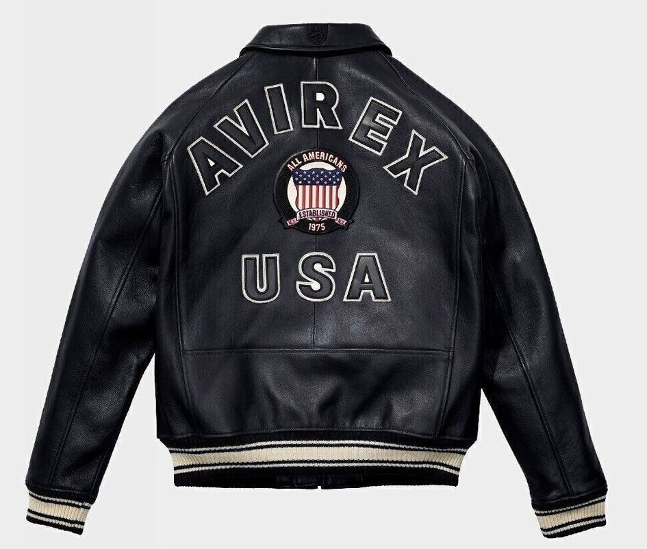 Men Avirex Black Real Bomber American Flight Jacket Leather Jacket-FAST SHIPPING
