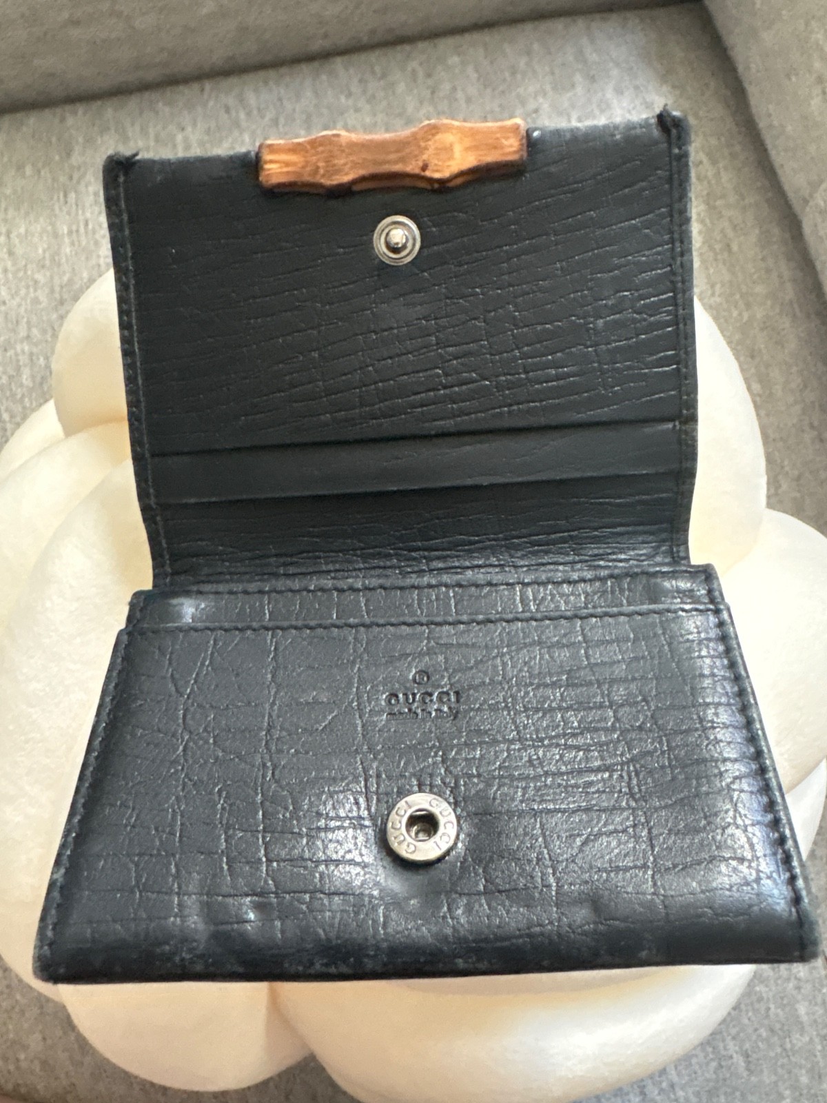 Gucci Vintage Bamboo Black Monogram Canvas Coin Purse Wallet Snap Closure