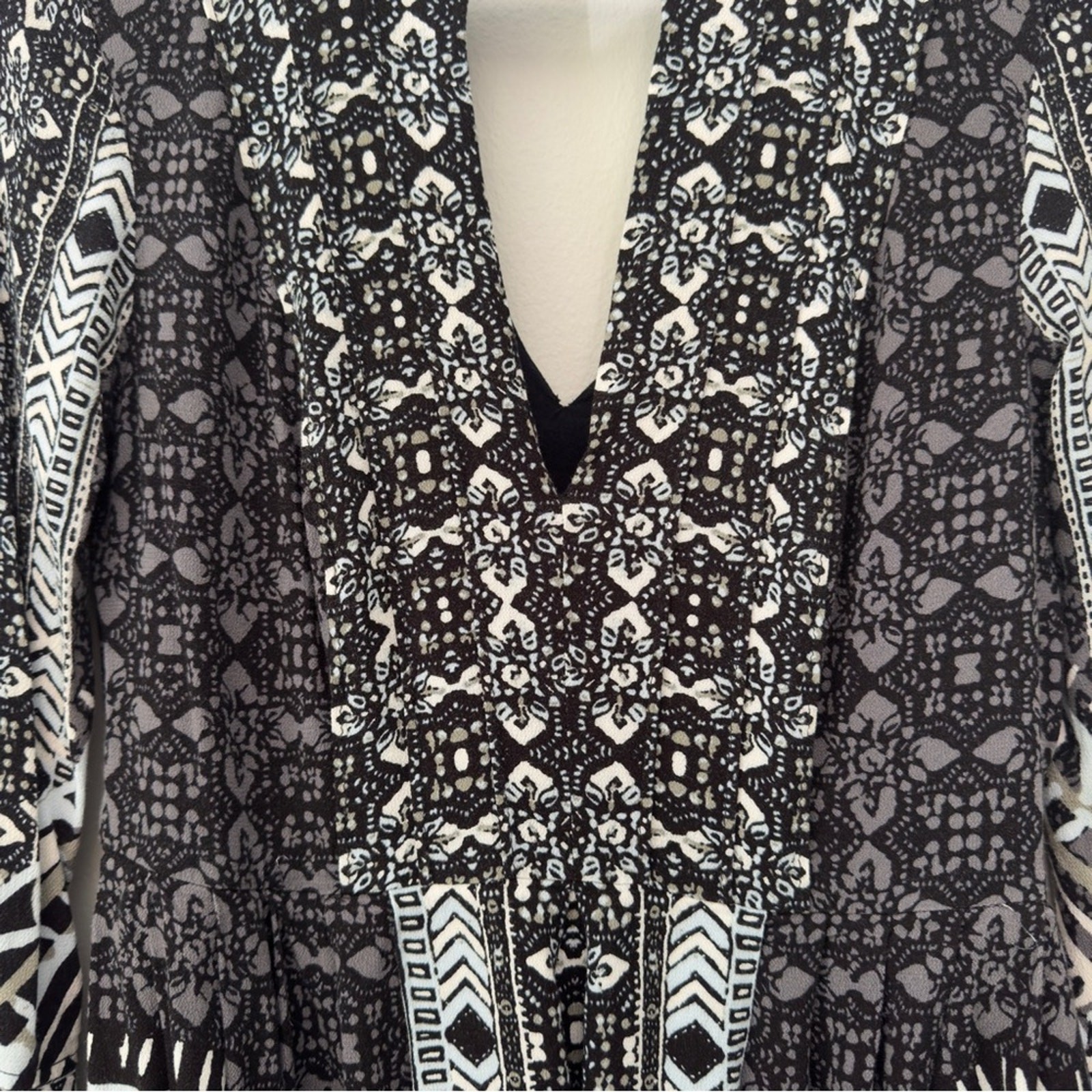 Free People Tegan Border Print Mini Dress Long Bell Sleeves Cutout V-Neck A-Line